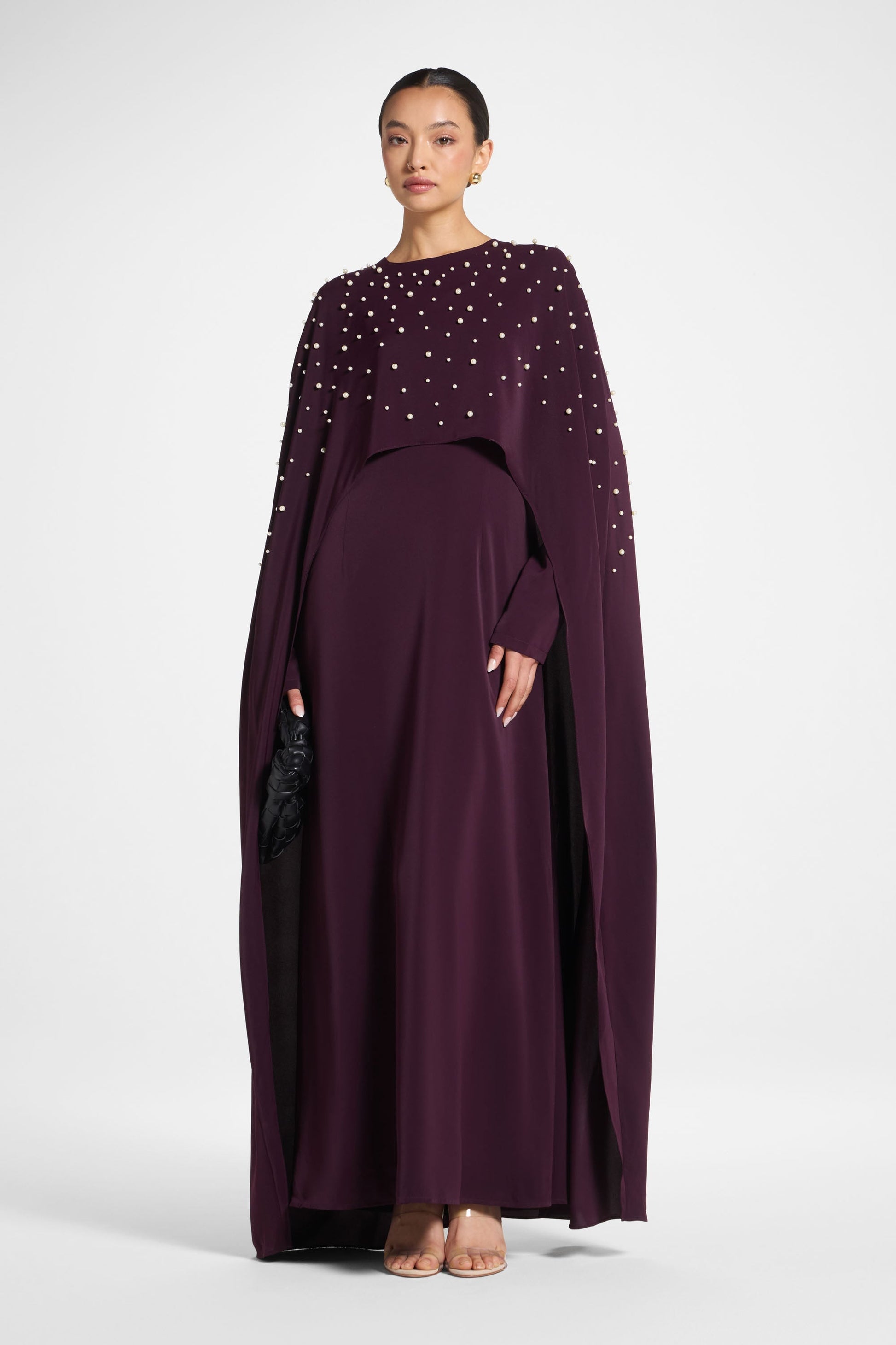 Pearl Embellished Cape Maxi Dress in Plum
