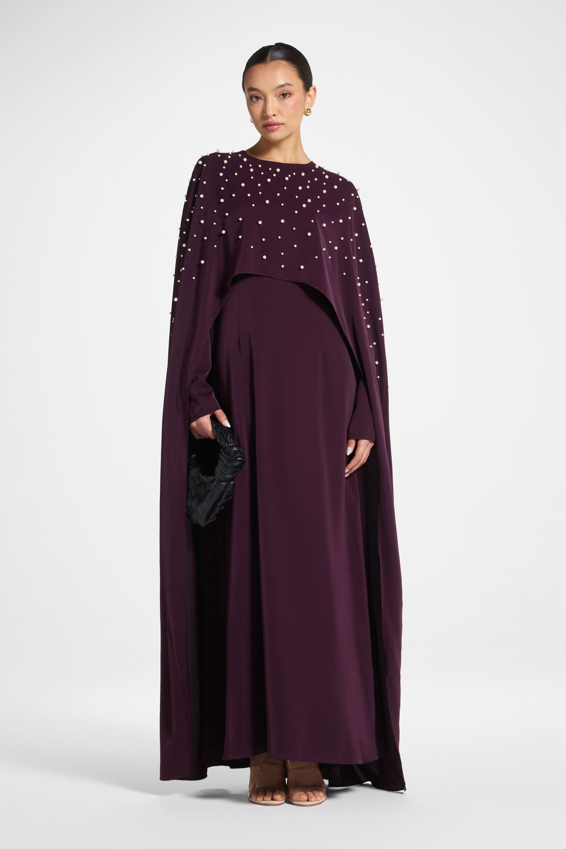 Pearl Embellished Cape Maxi Dress in Plum