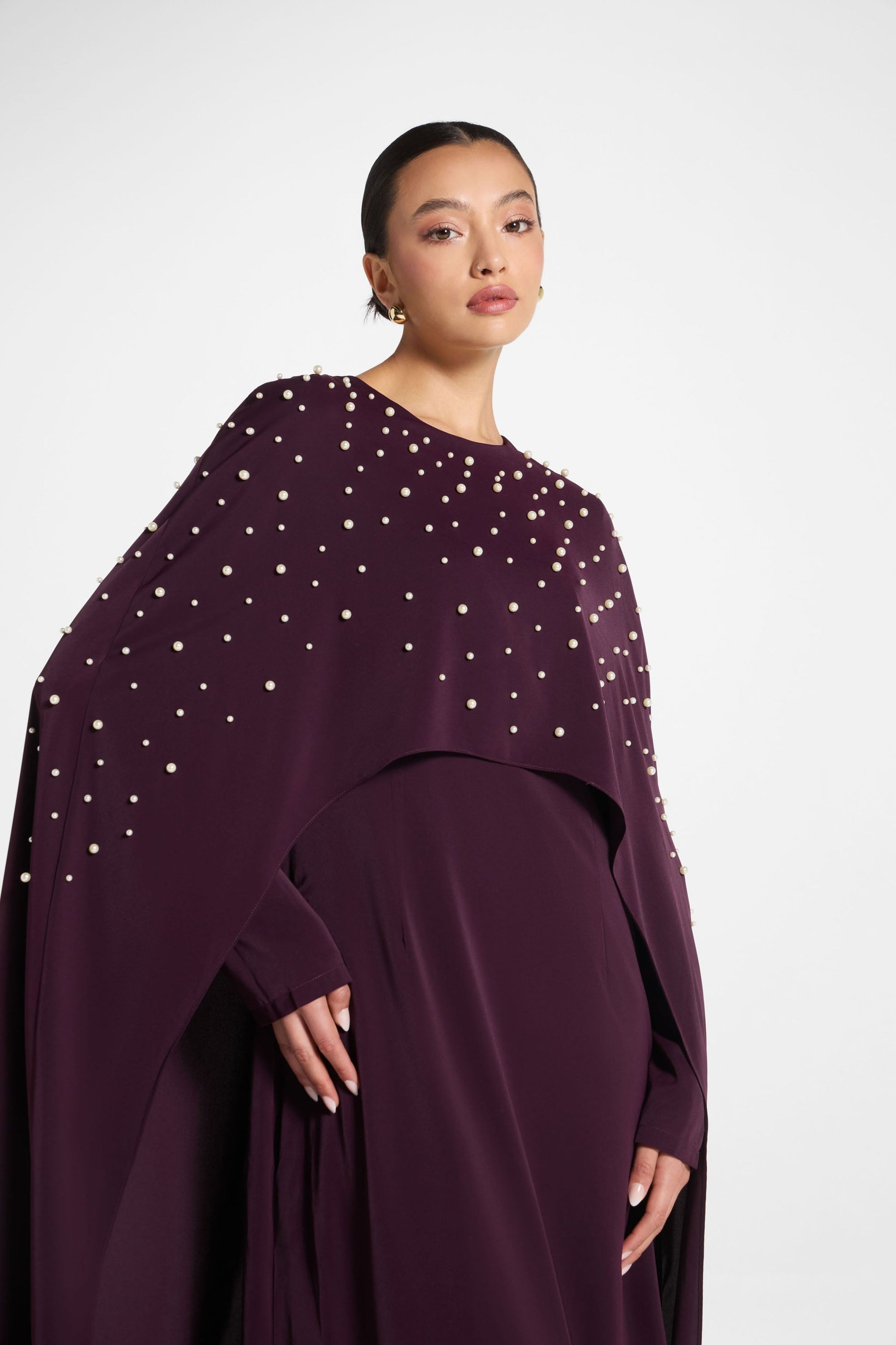 Pearl Embellished Cape Maxi Dress in Plum