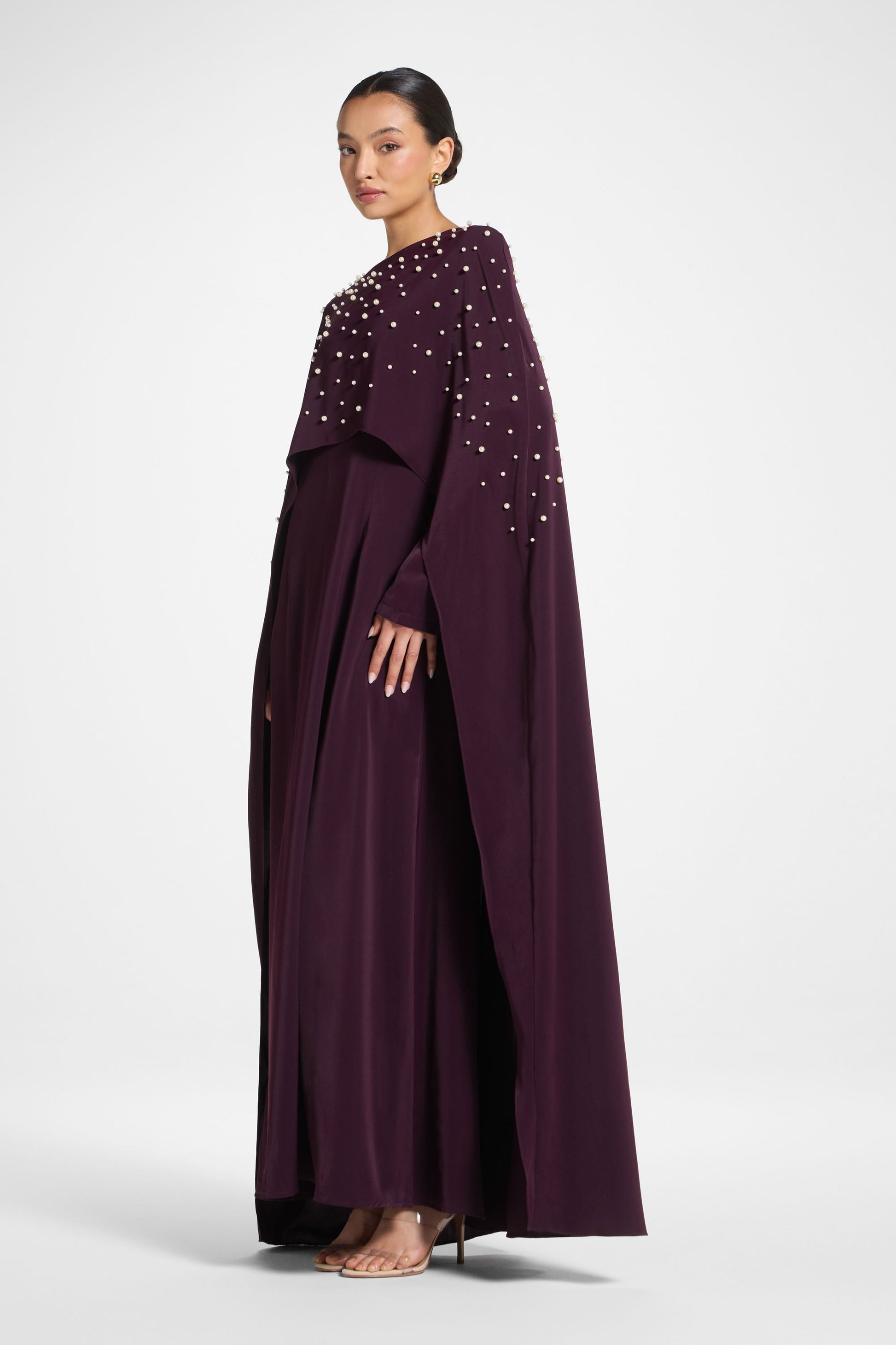 Pearl Embellished Cape Maxi Dress in Plum