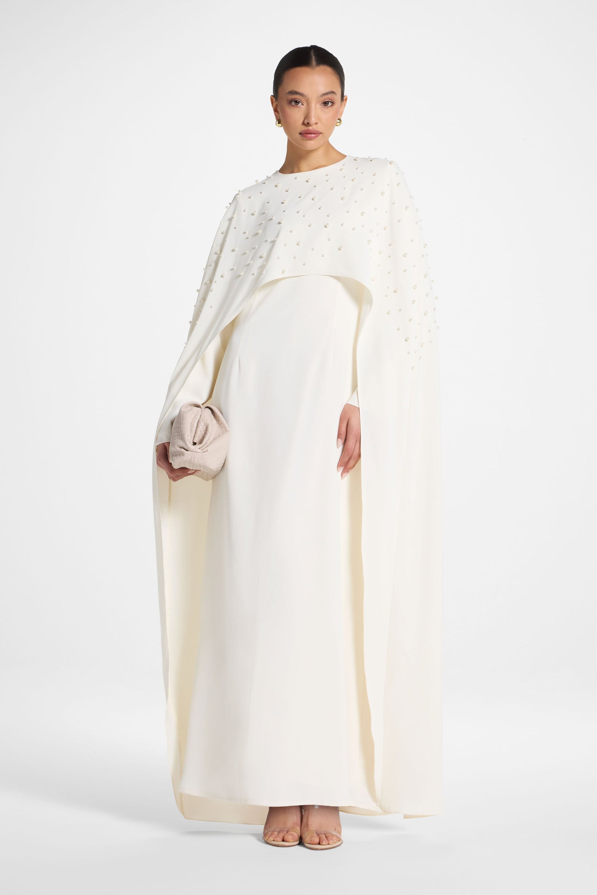 White Pearl Embellished Cape Maxi Dress