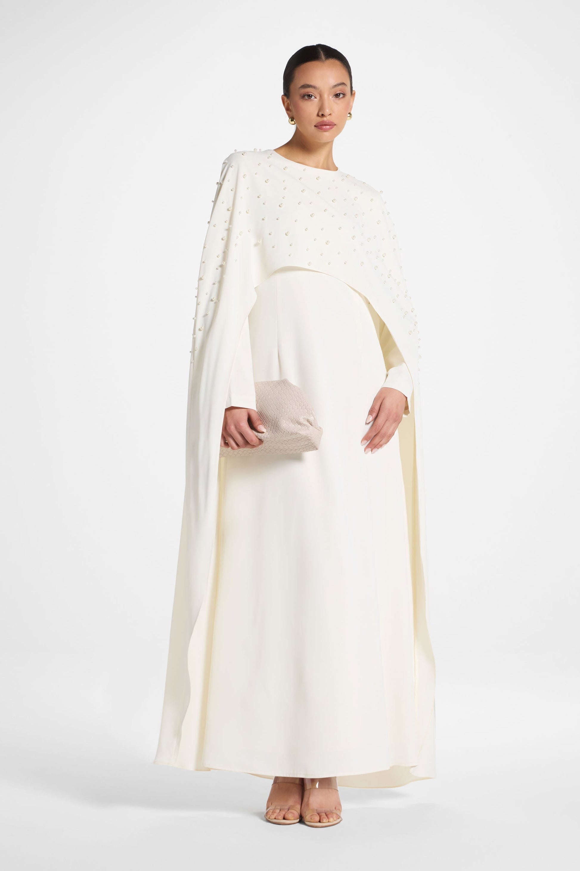White Pearl Embellished Cape Maxi Dress