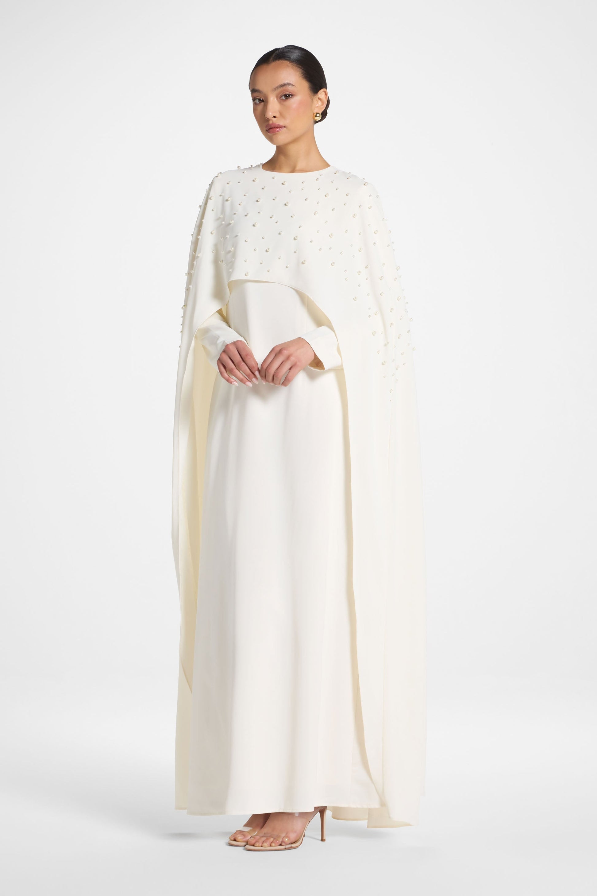 White Pearl Embellished Cape Maxi Dress