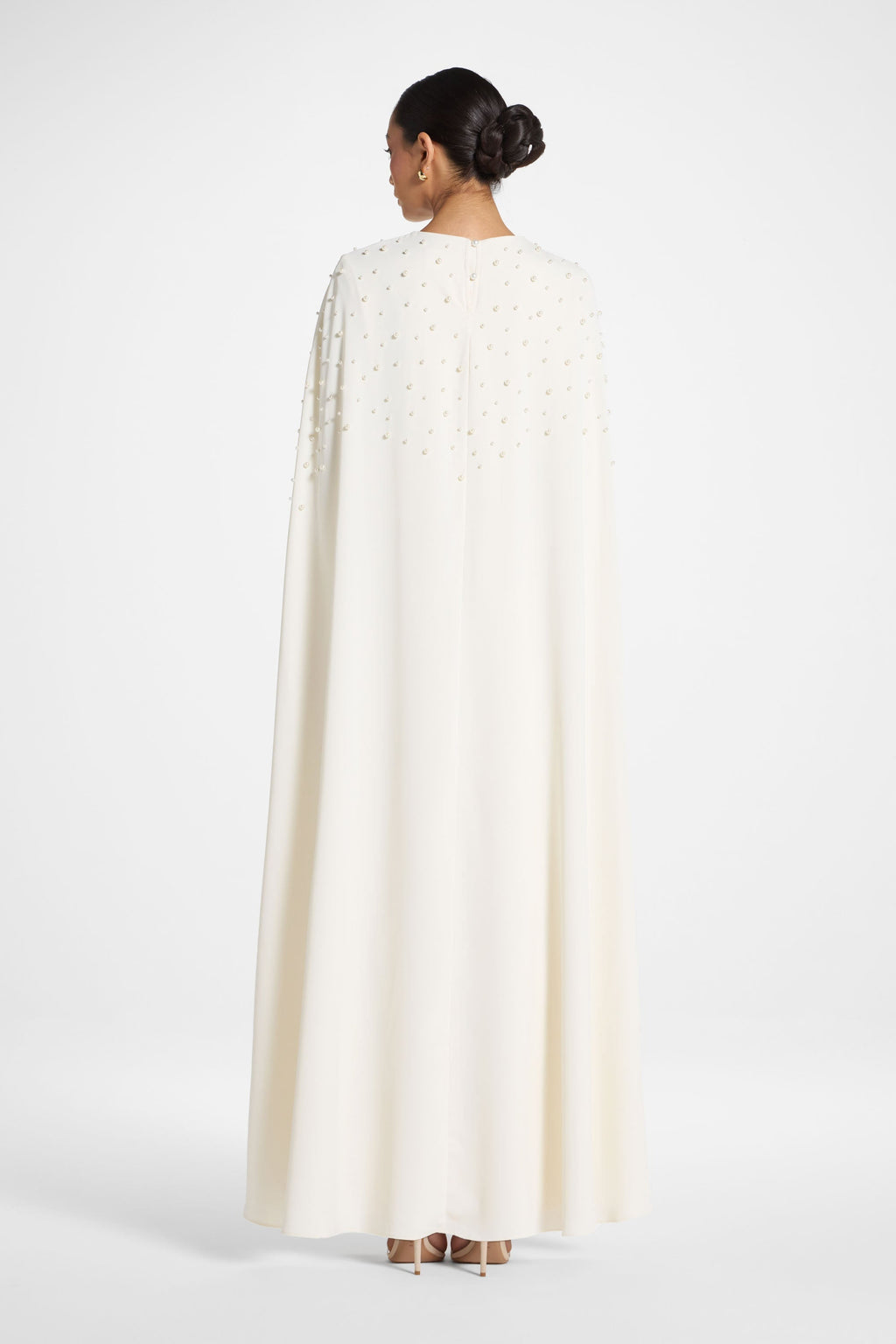 White Pearl Embellished Cape Maxi Dress