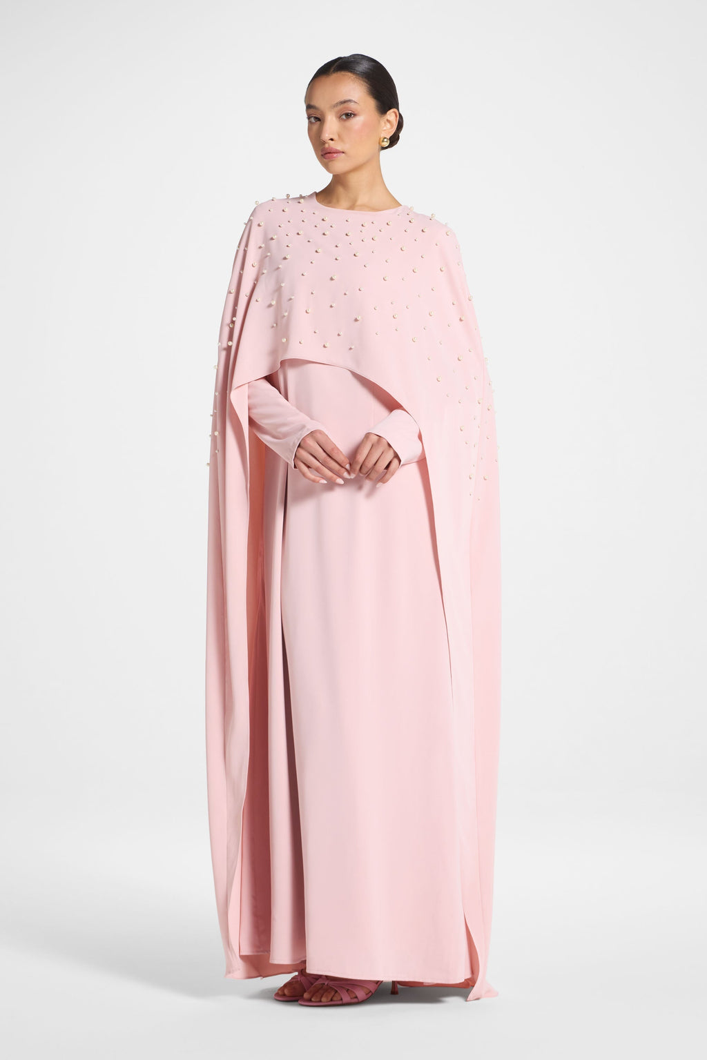 Elegant Pearl Cape Maxi Dress in Pink