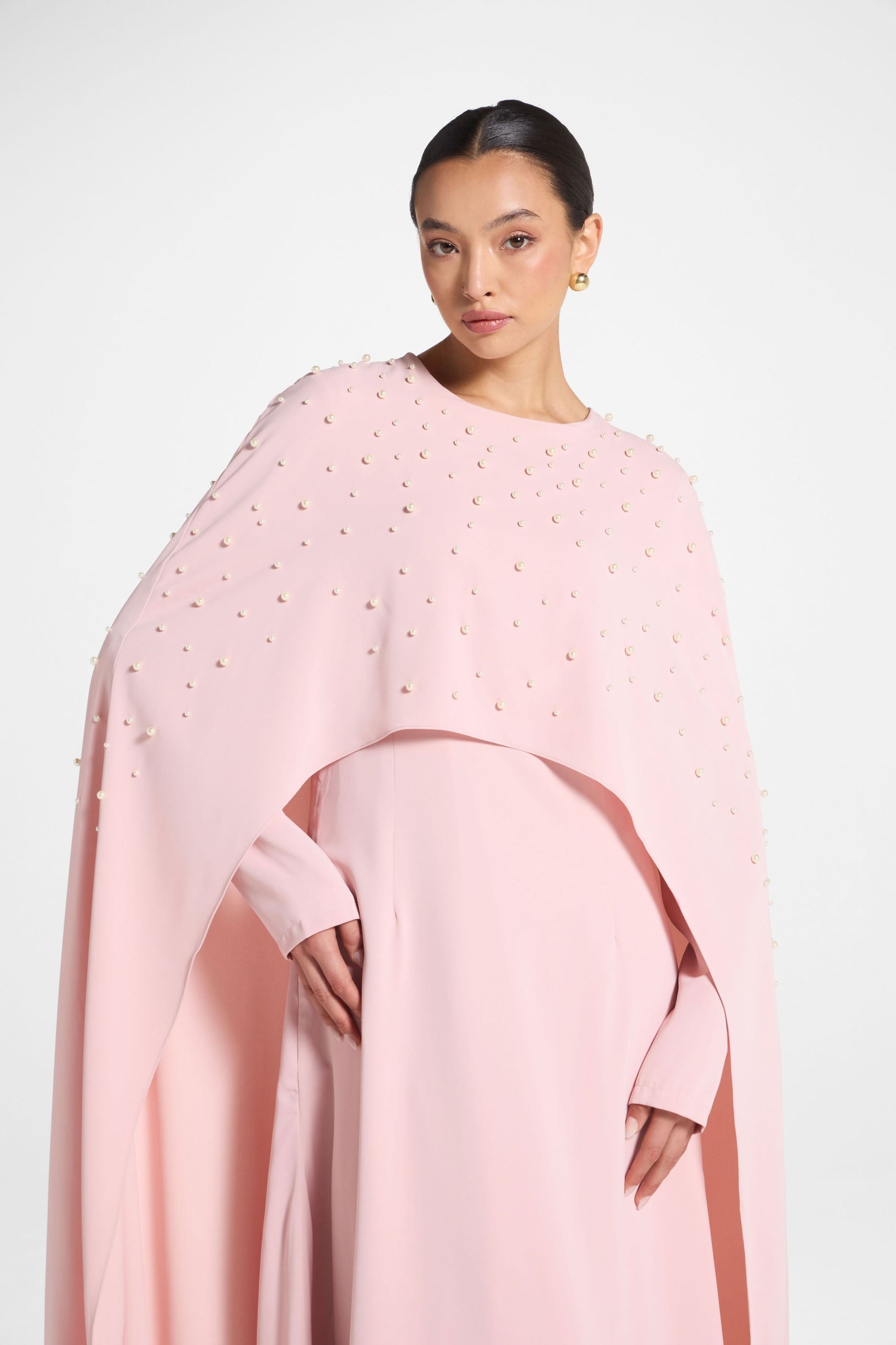Elegant Pearl Cape Maxi Dress in Pink