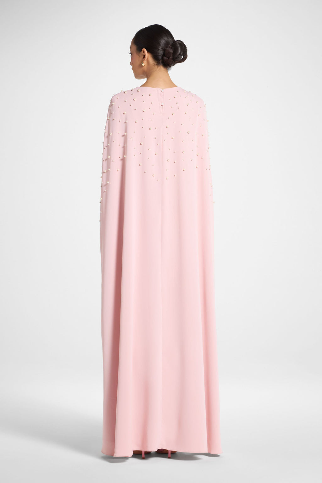 Elegant Pearl Cape Maxi Dress in Pink