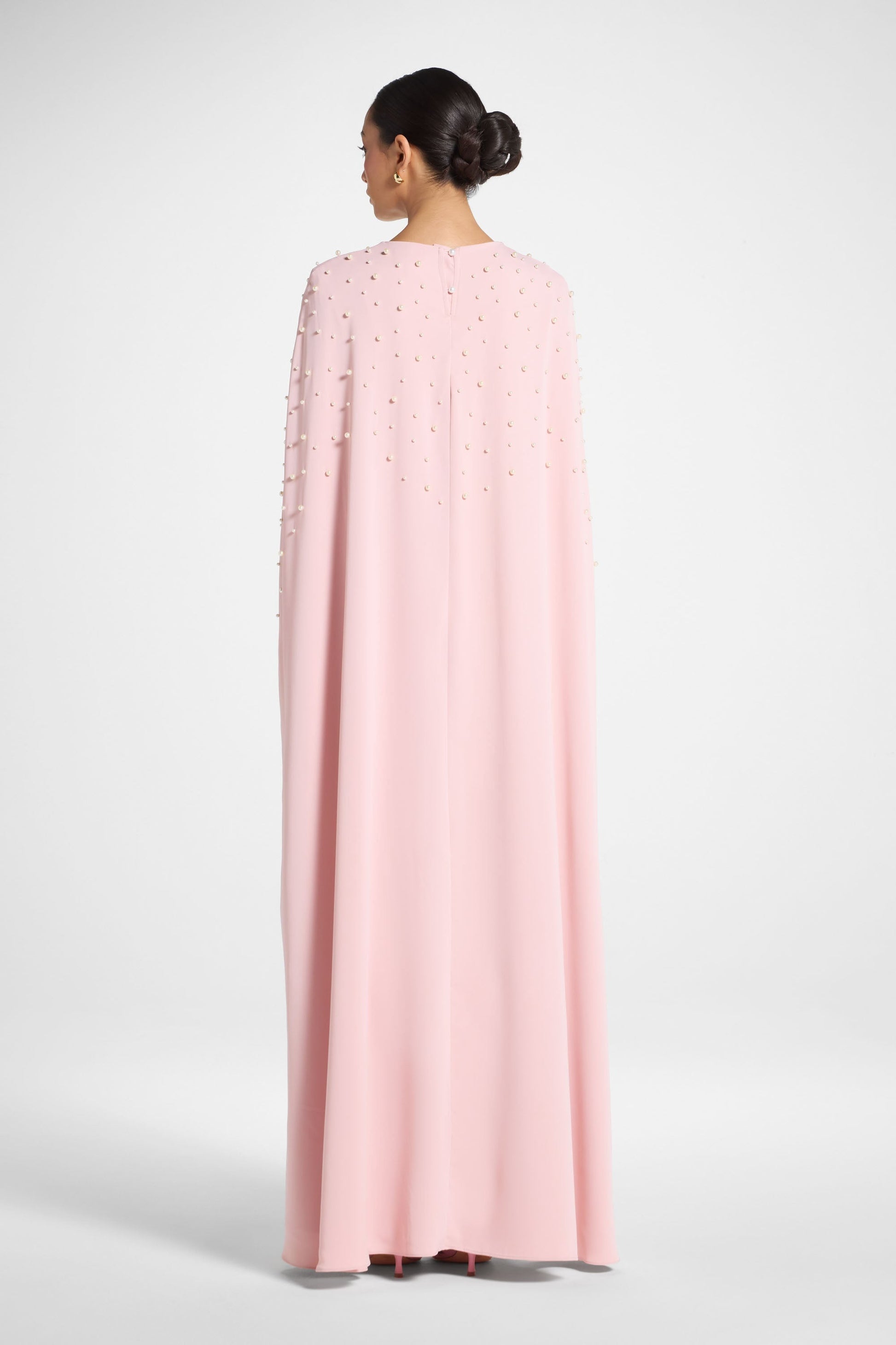 Elegant Pearl Cape Maxi Dress in Pink