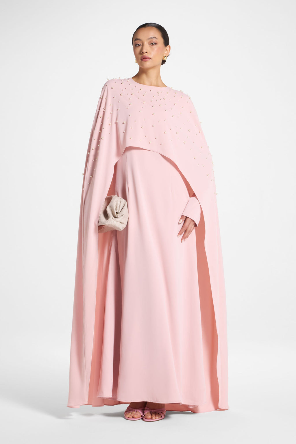 Elegant Pearl Cape Maxi Dress in Pink