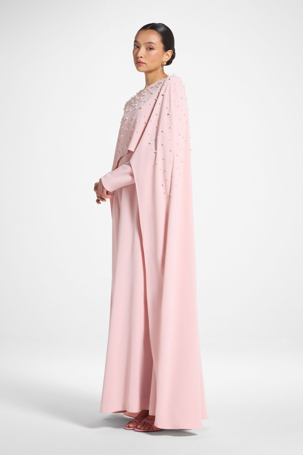 Elegant Pearl Cape Maxi Dress in Pink