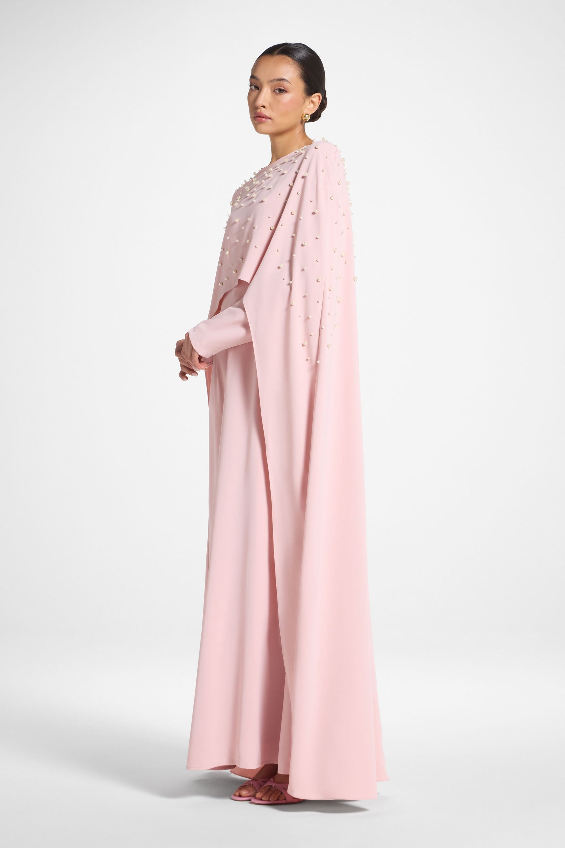 Elegant Pearl Cape Maxi Dress in Pink