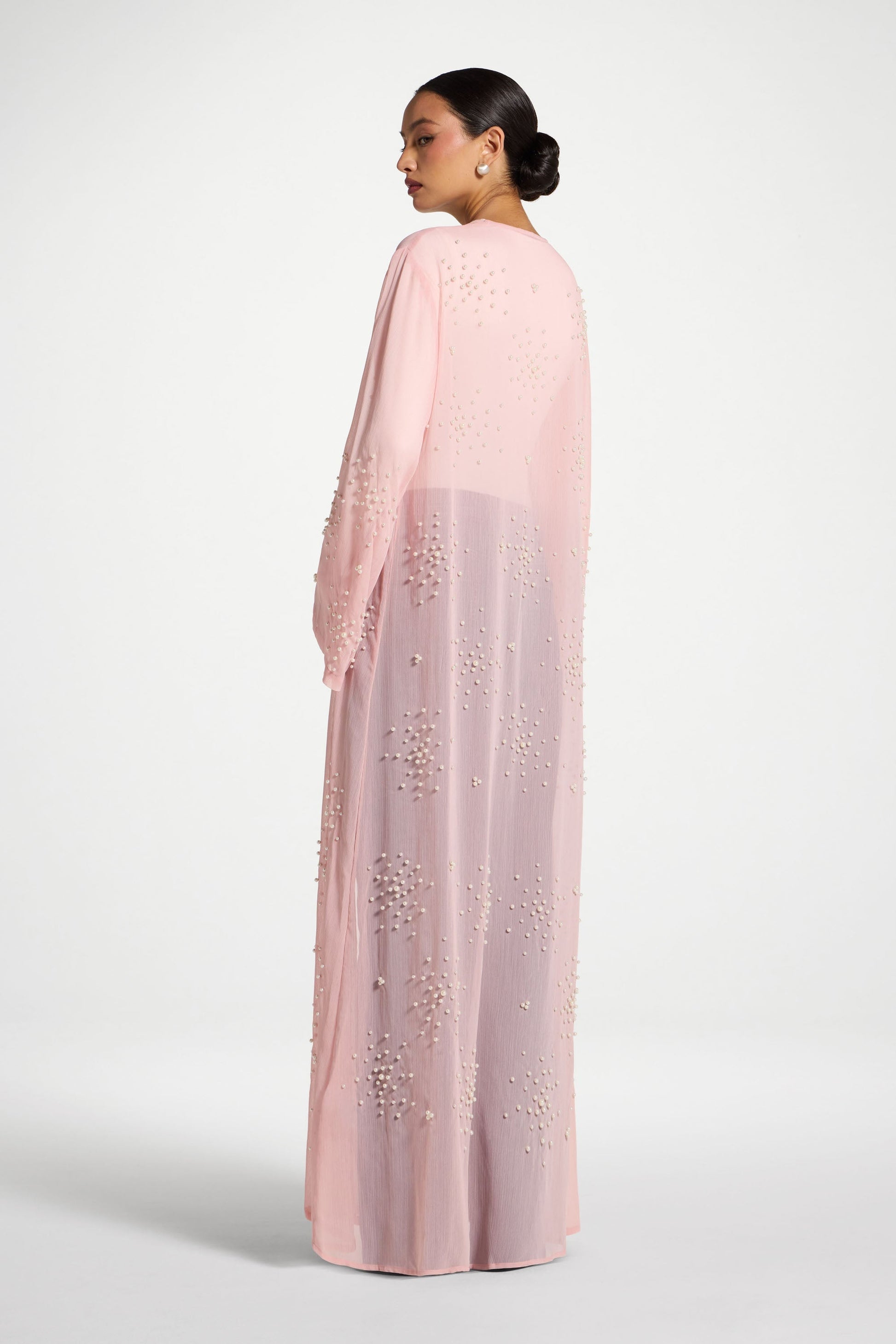 Baby Pink Pearl Embellished Open Abaya