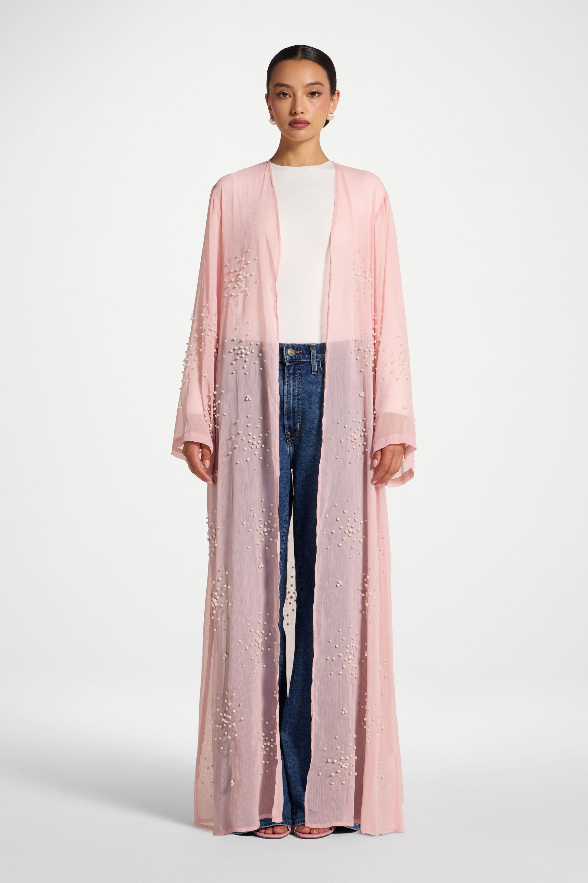 Baby Pink Pearl Embellished Open Abaya