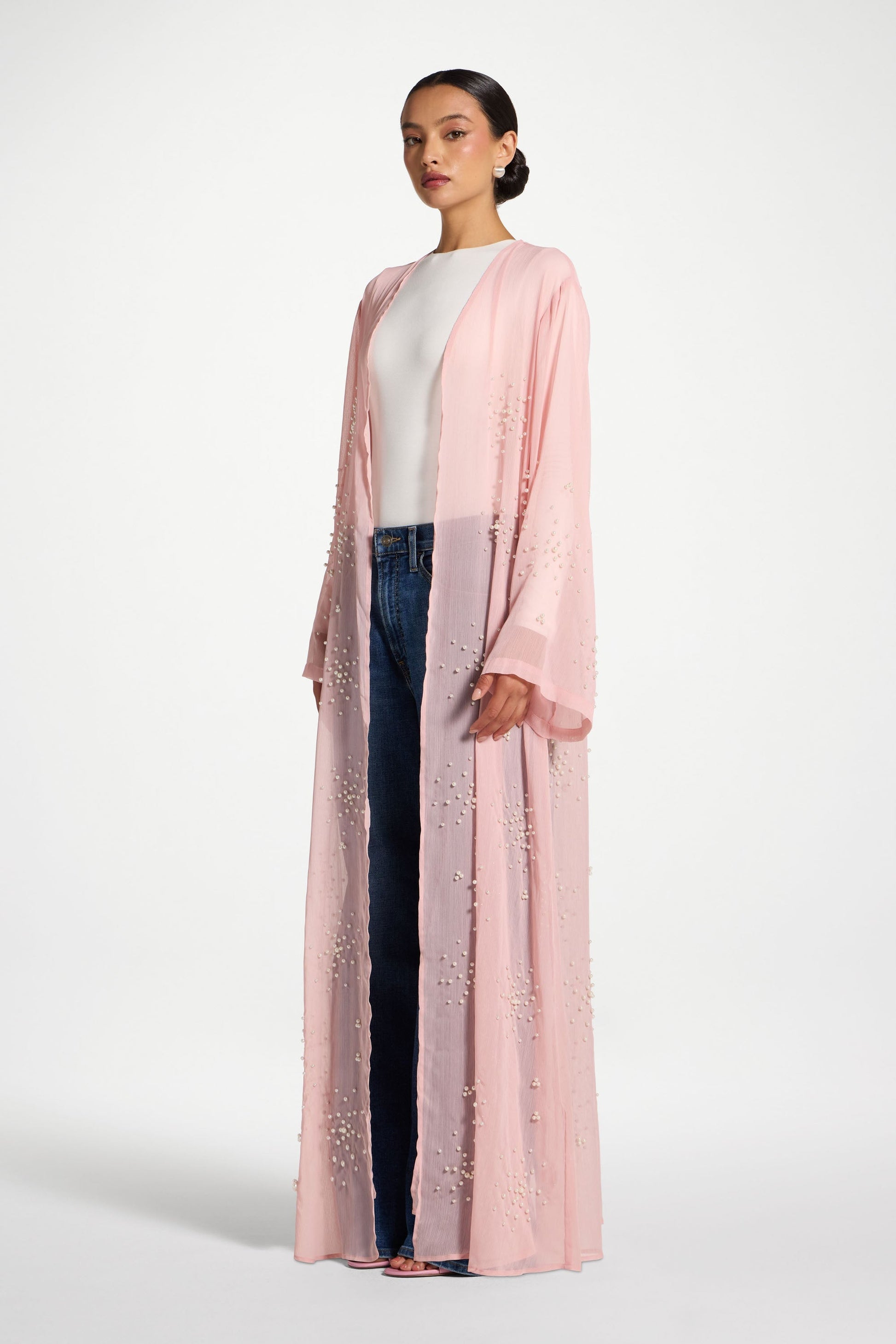 Baby Pink Pearl Embellished Open Abaya