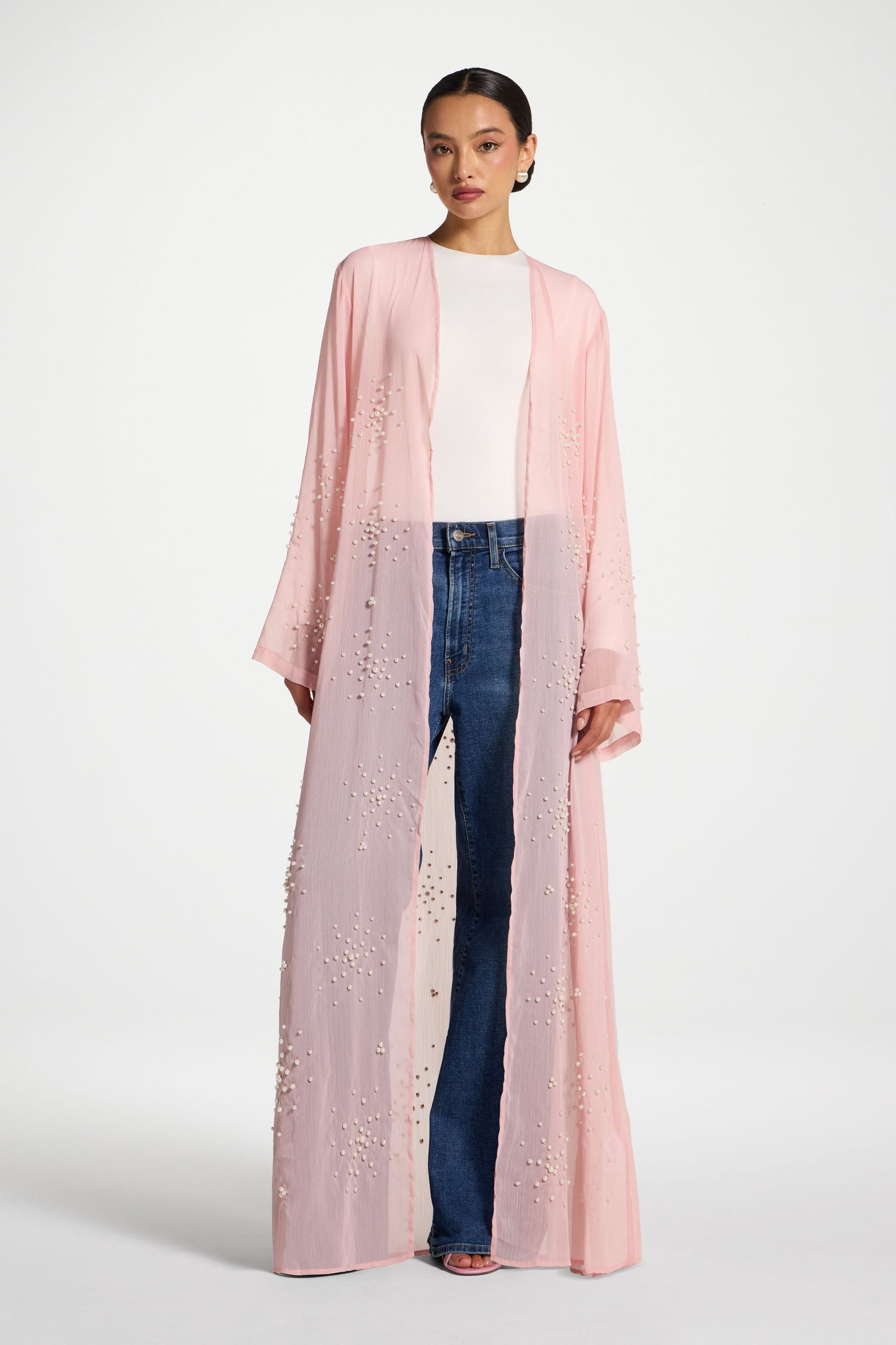 Baby Pink Pearl Embellished Open Abaya