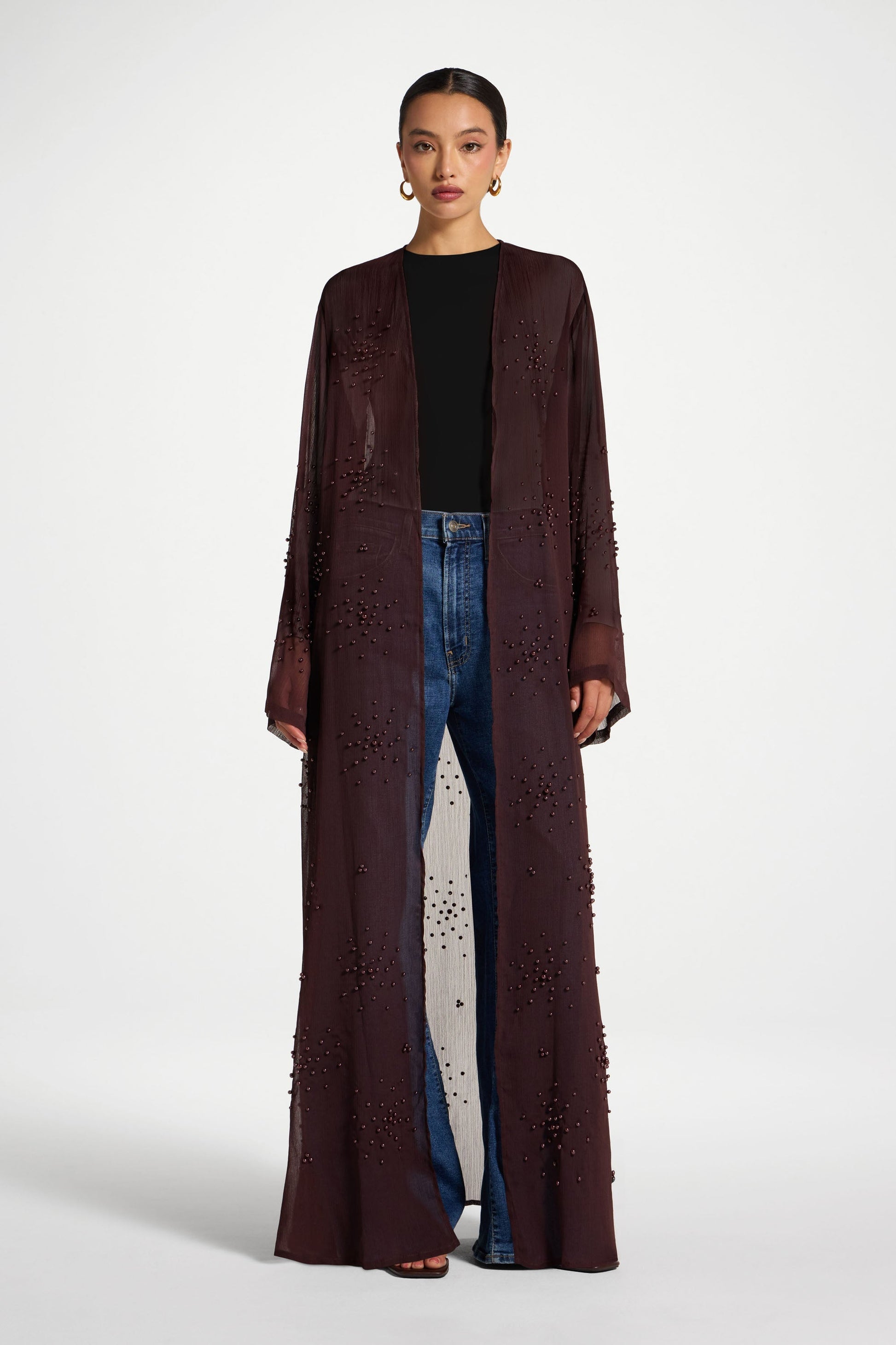 Chocolate Plum Pearl Open Abaya
