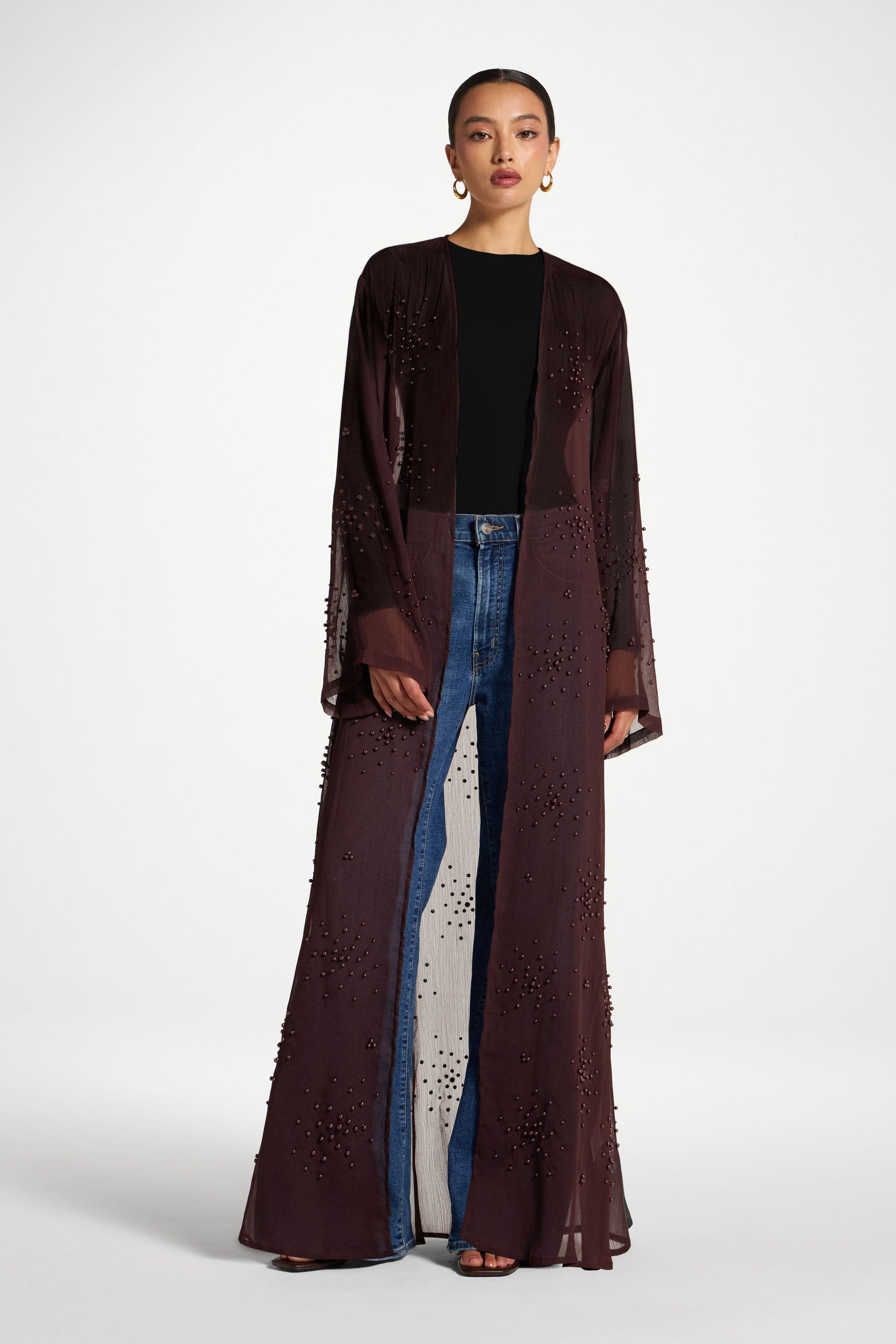 Chocolate Plum Pearl Open Abaya