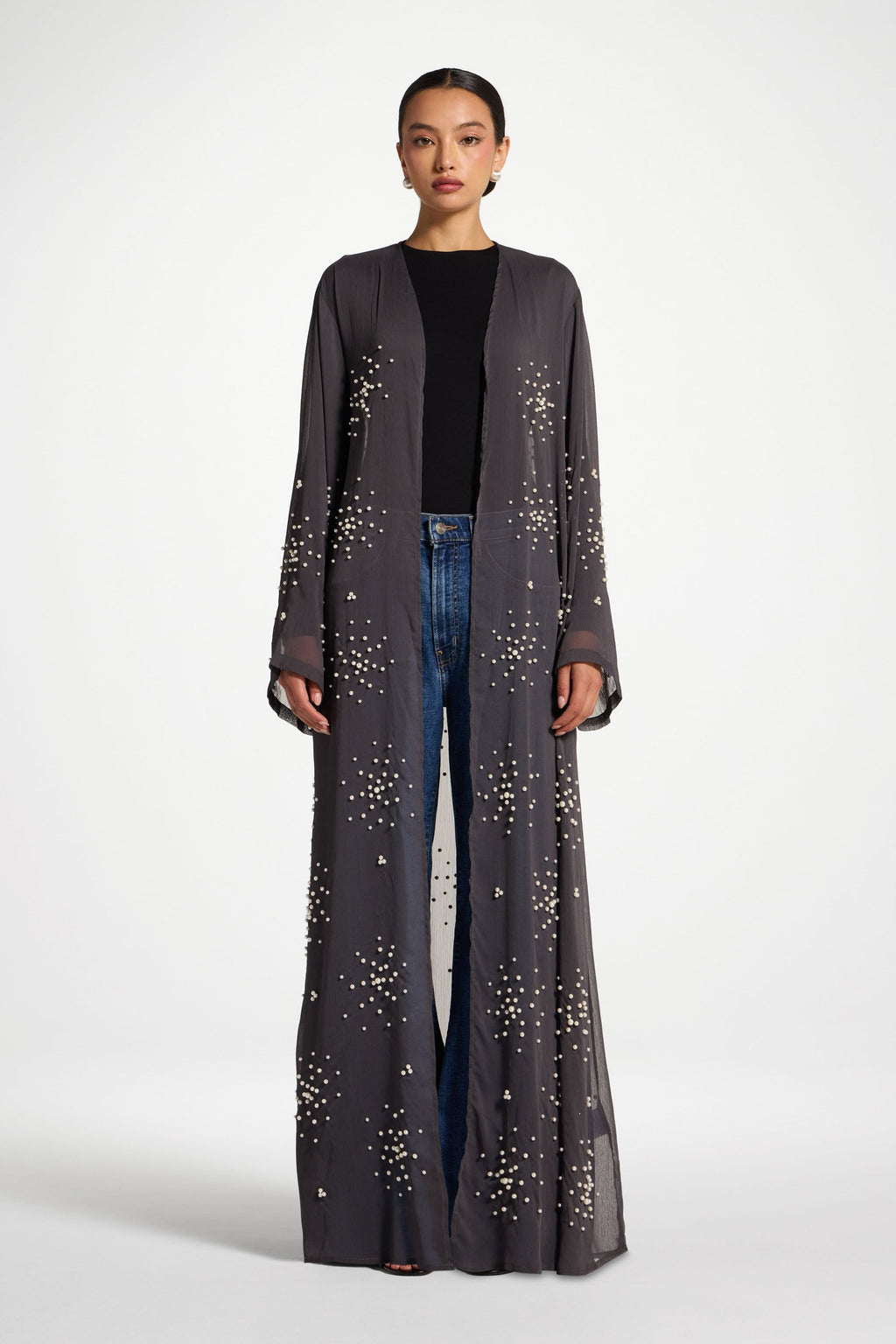 Dark Grey Embellished Open Abaya