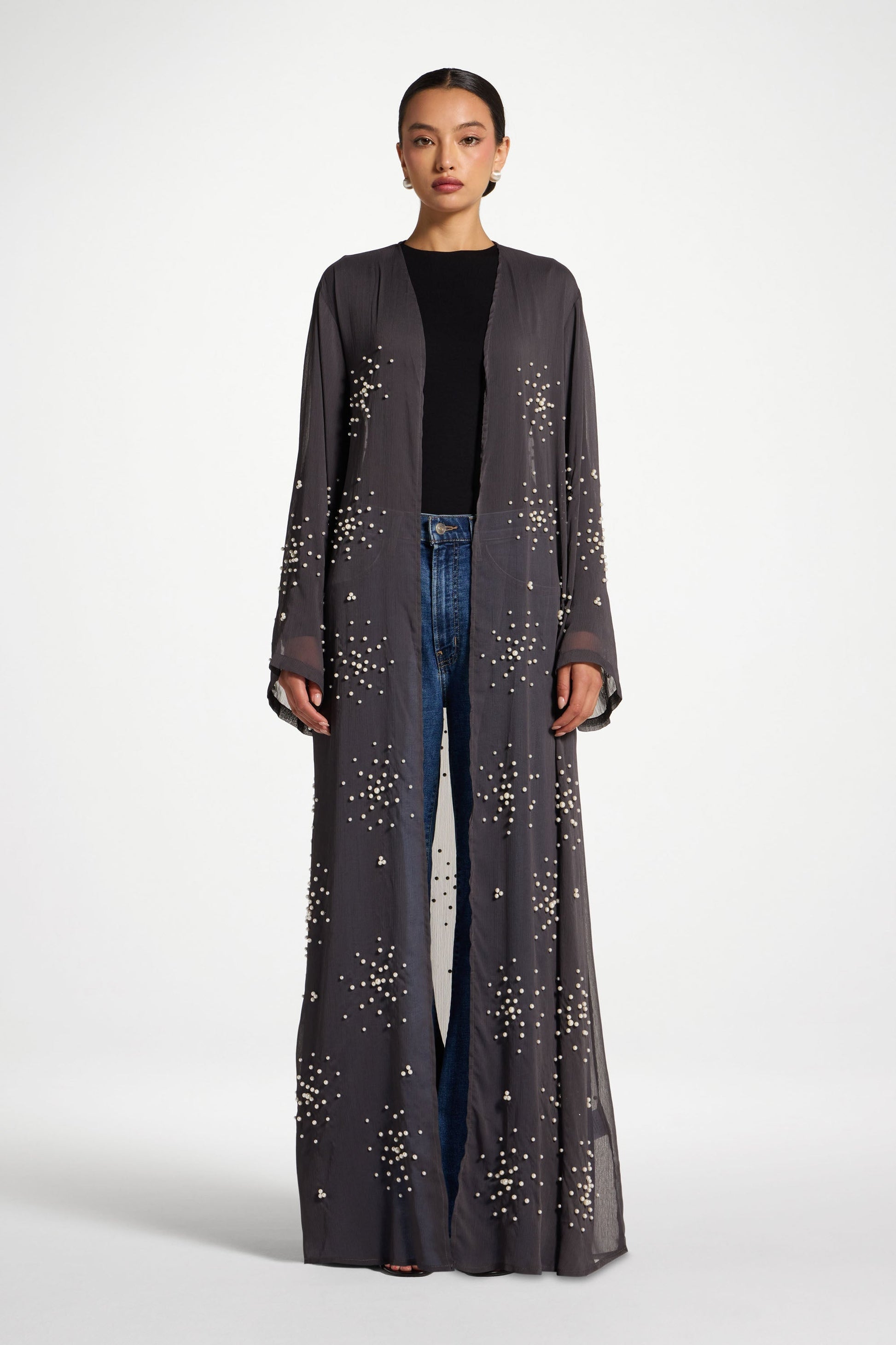 Dark Grey Embellished Open Abaya