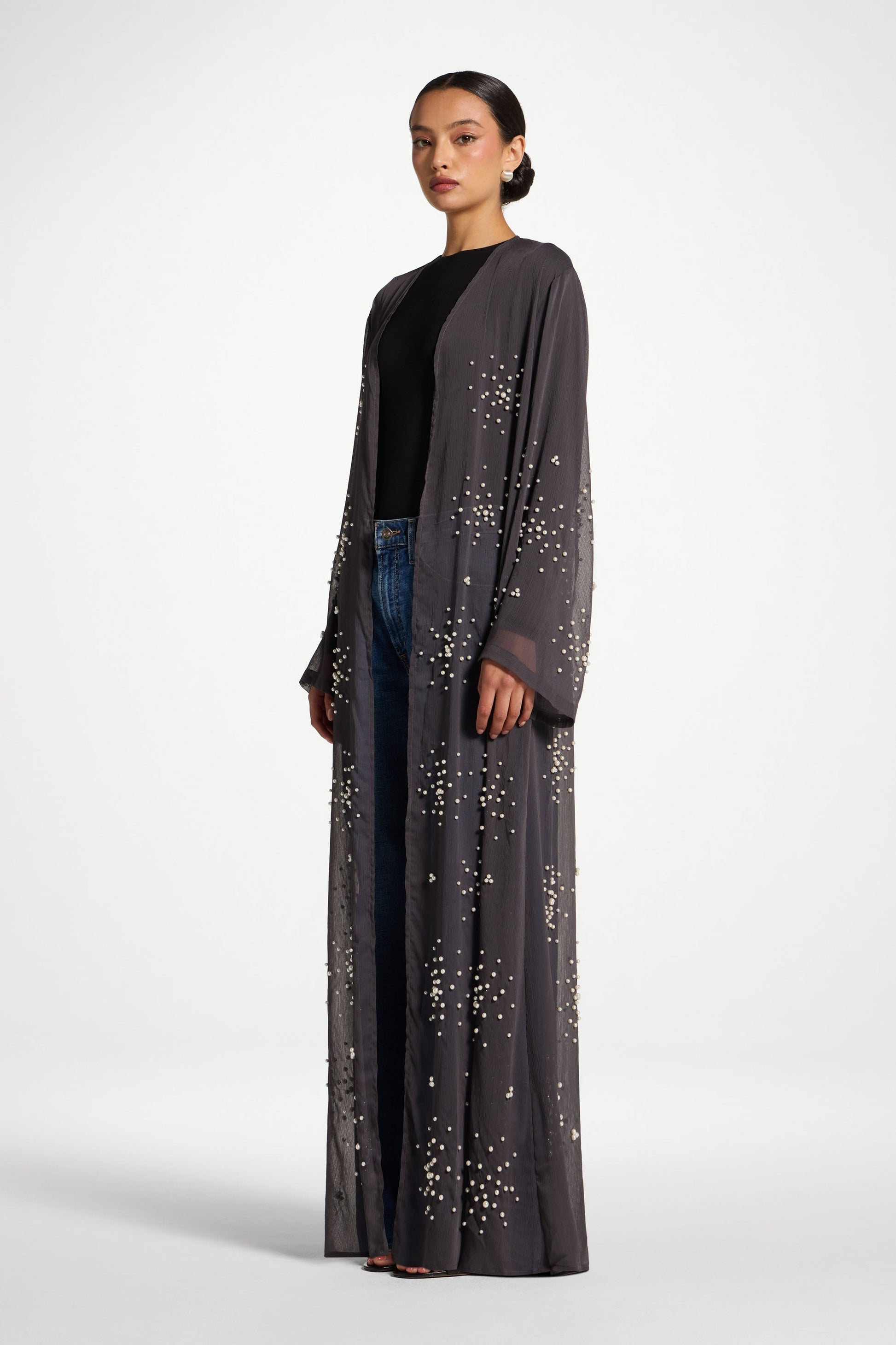 Dark Grey Embellished Open Abaya