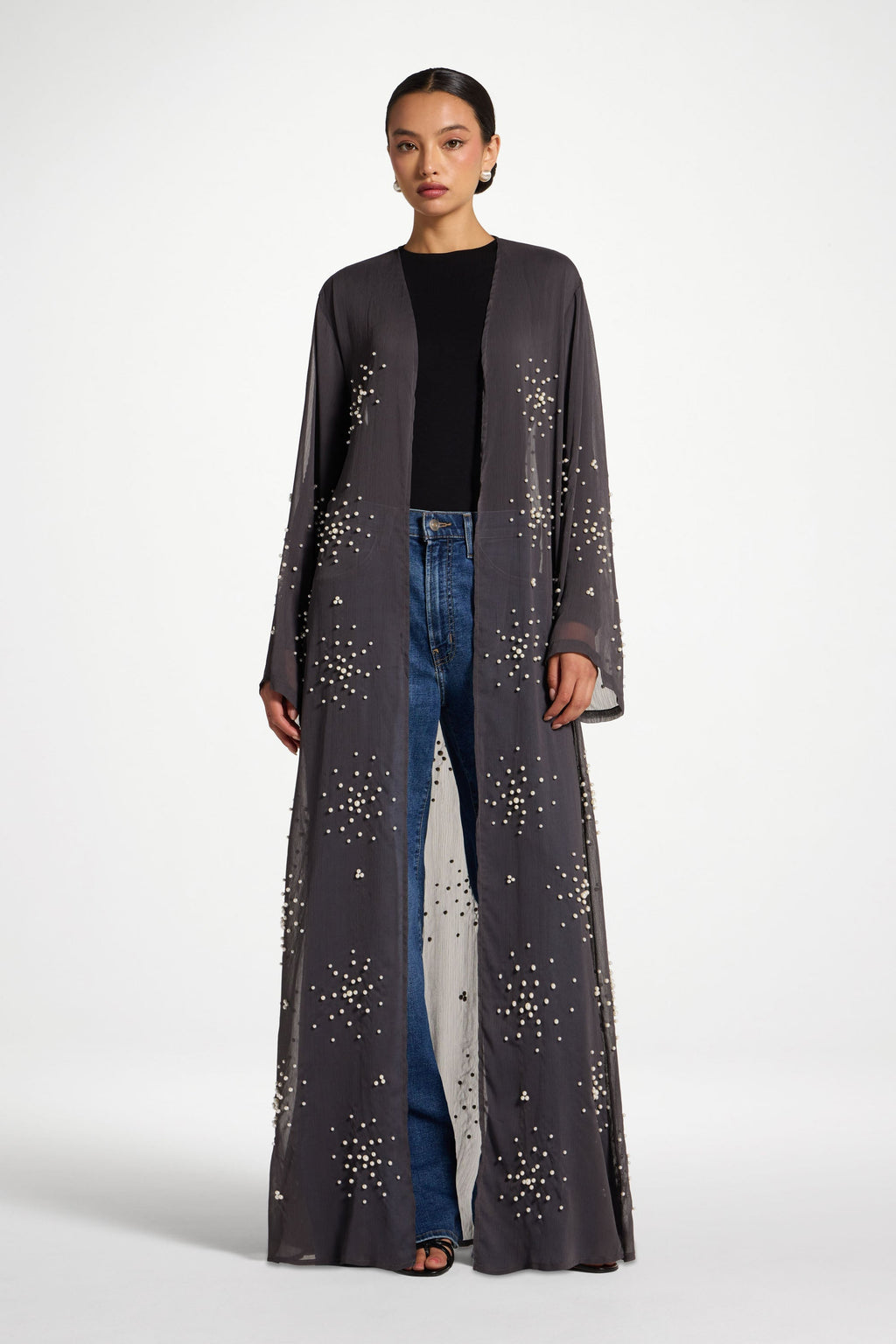 Dark Grey Embellished Open Abaya