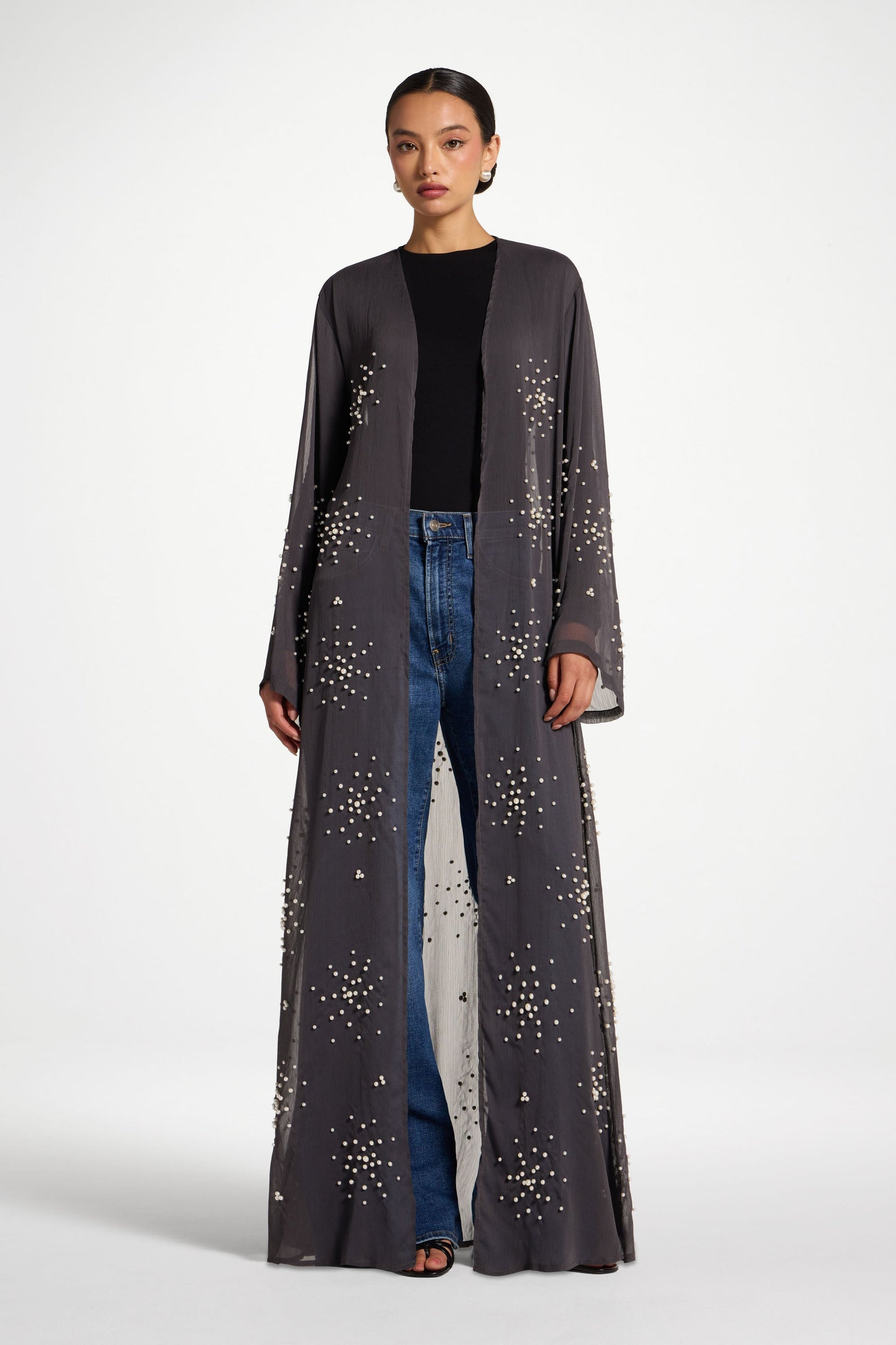 Dark Grey Embellished Open Abaya