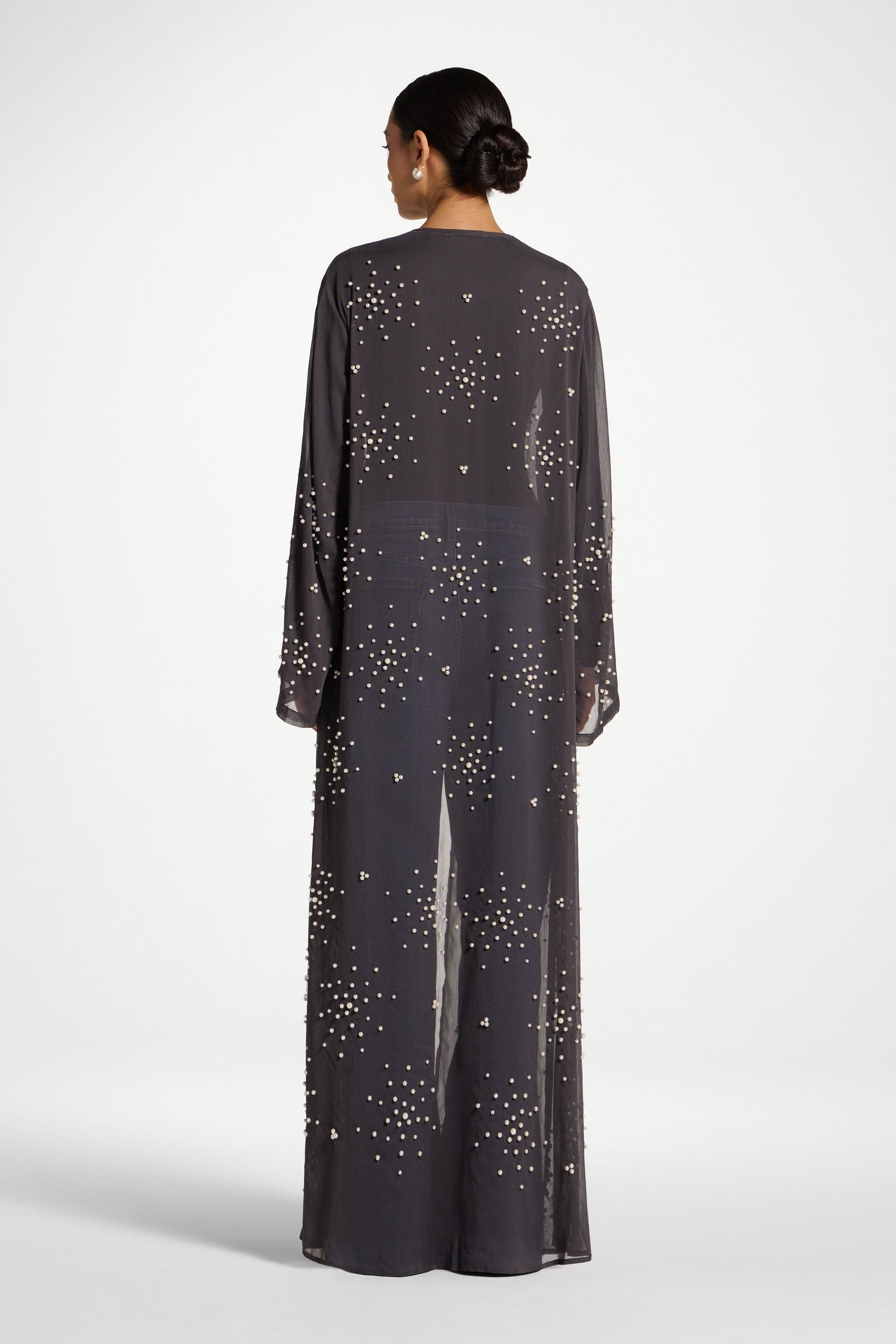 Dark Grey Embellished Open Abaya