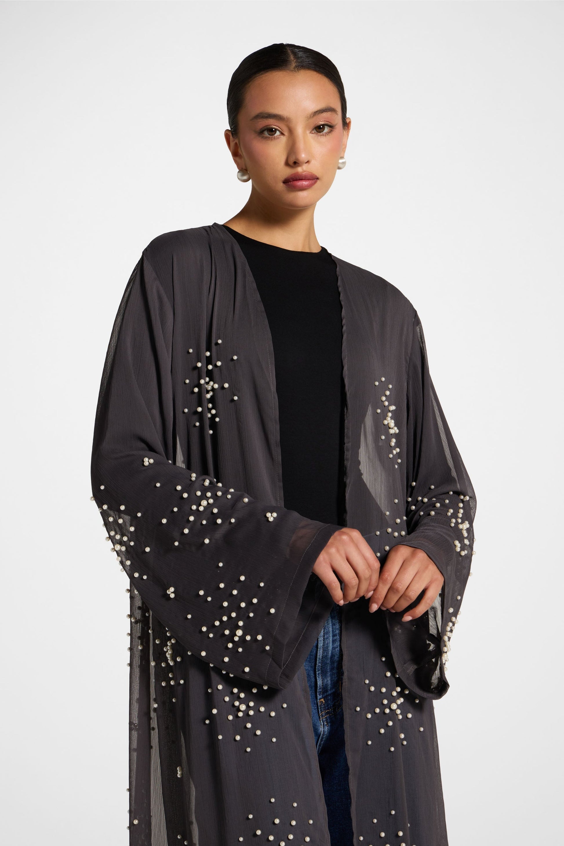 Dark Grey Embellished Open Abaya