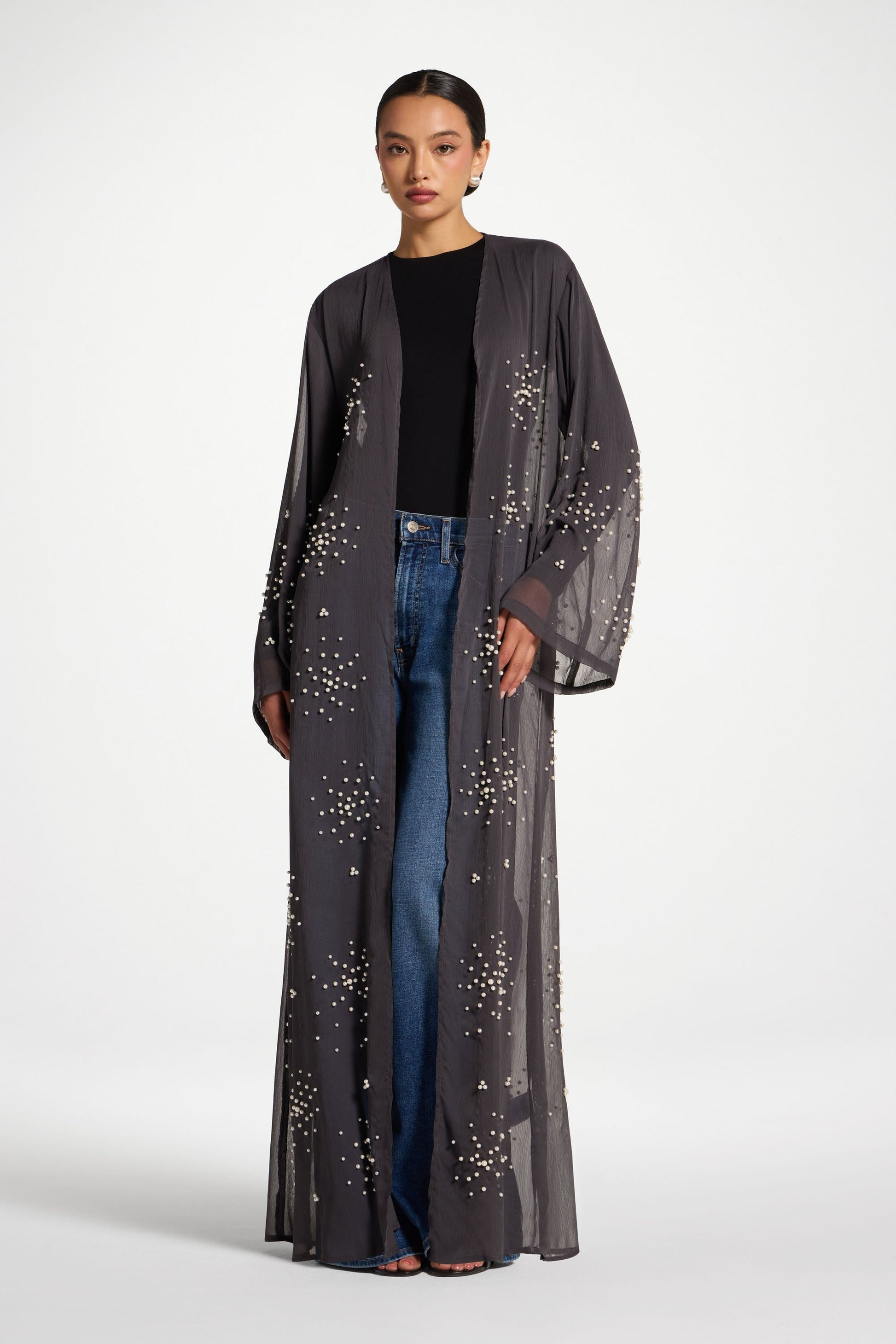 Dark Grey Embellished Open Abaya