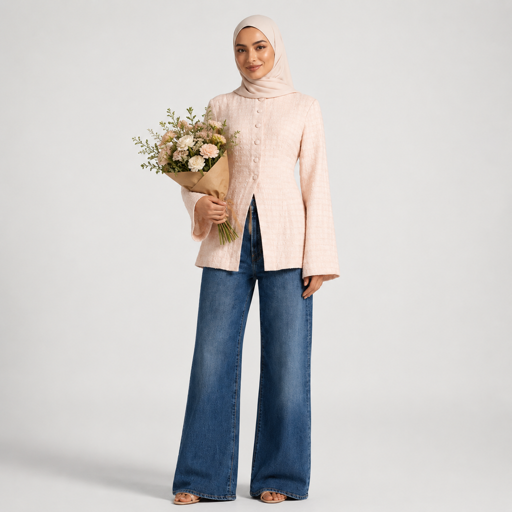 Woman holding a bouquet of flowers wearing a light pink jacket and blue jeans on a white background