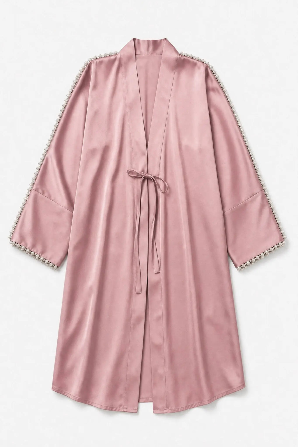 Pink satin robe with lace trim on a white background