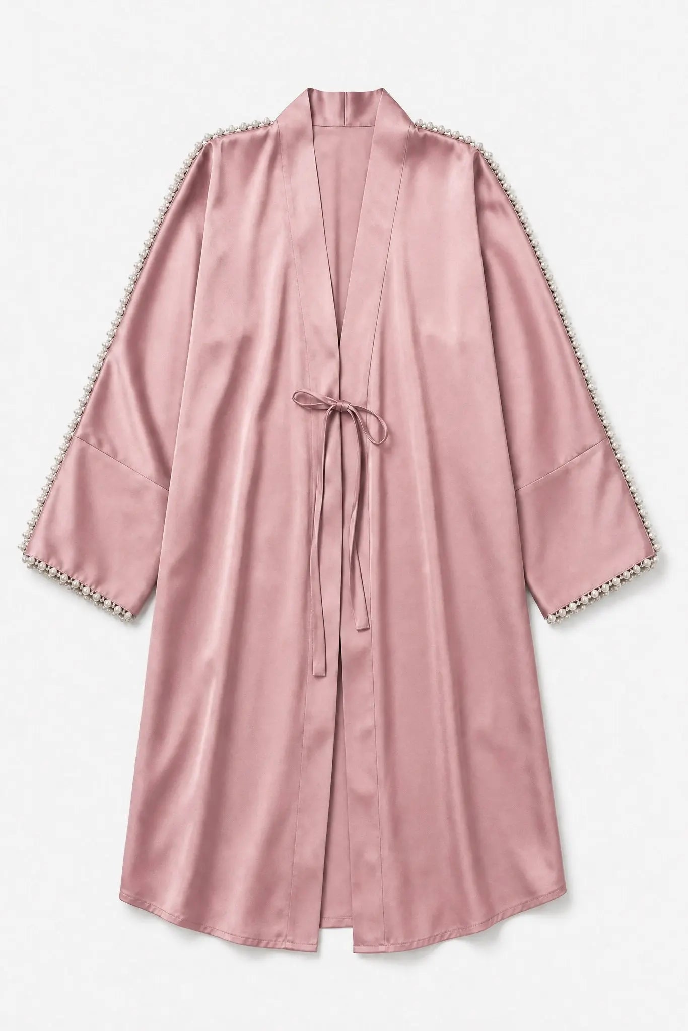 Pink satin robe with lace trim on a white background