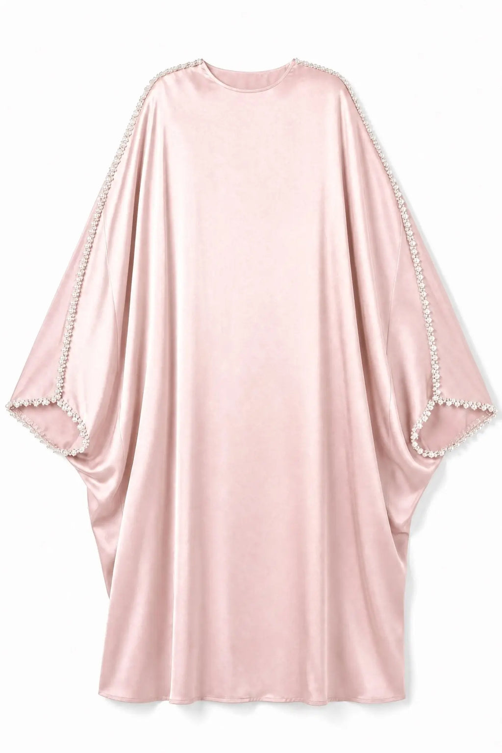 Pink satin robe with lace trim on a white background