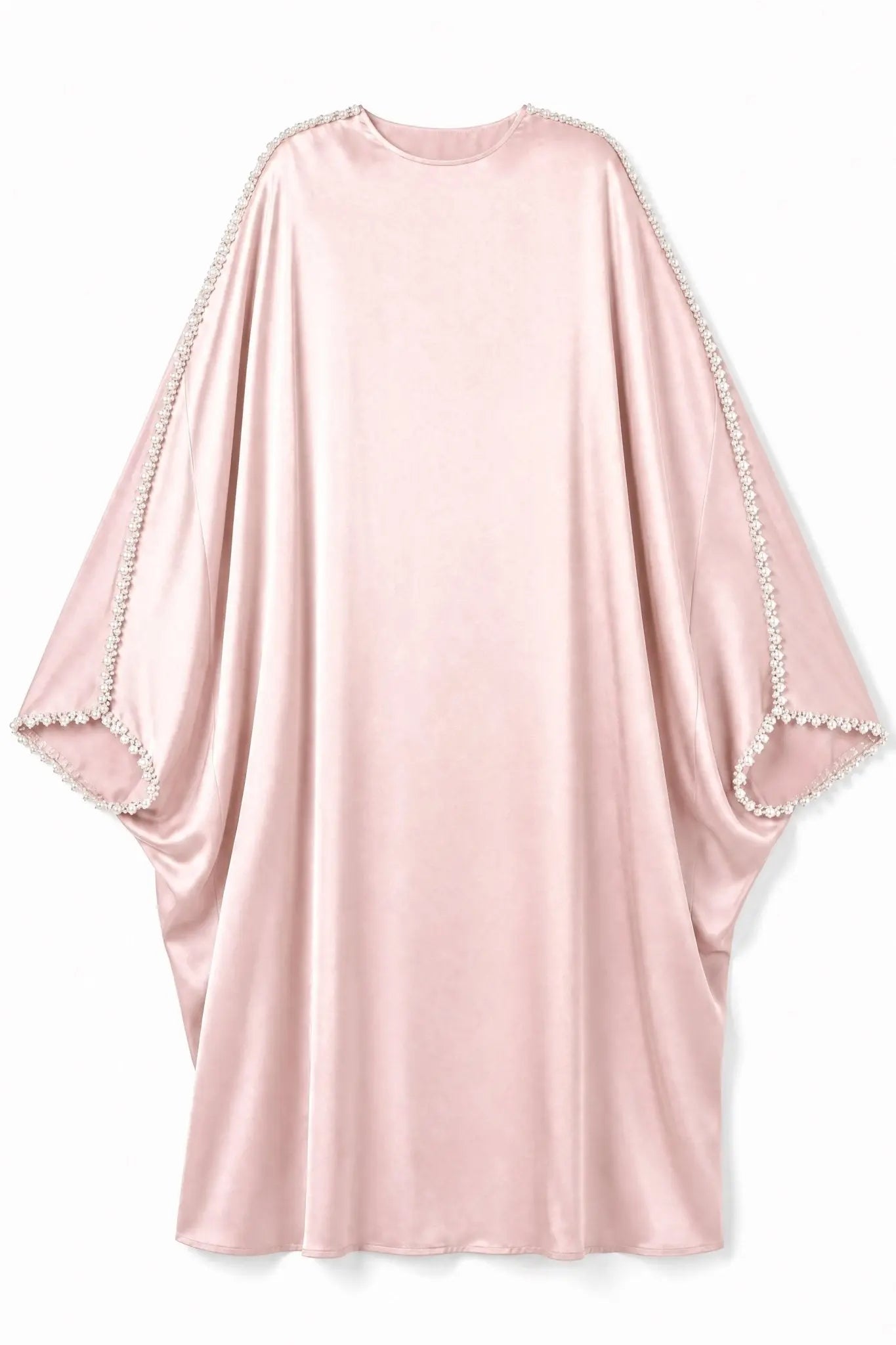 Pink satin robe with lace trim on a white background