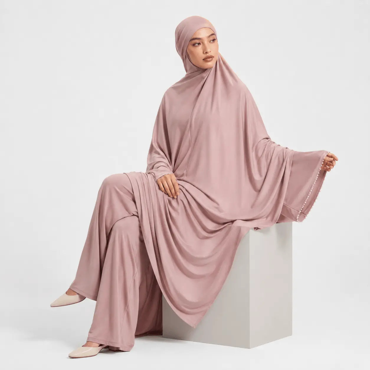 Pink Stretchy Jersey Prayer Set with Ultra-Wide Palazzo Pants - Mahara Atelier