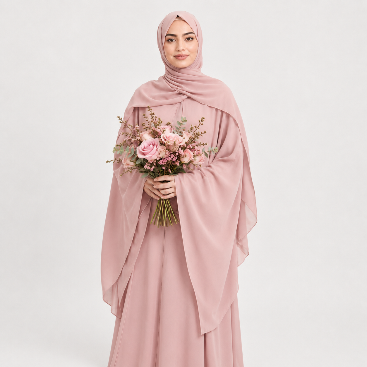 Closed Abaya with Butterfly Cut Chiffon - Baby Pink
