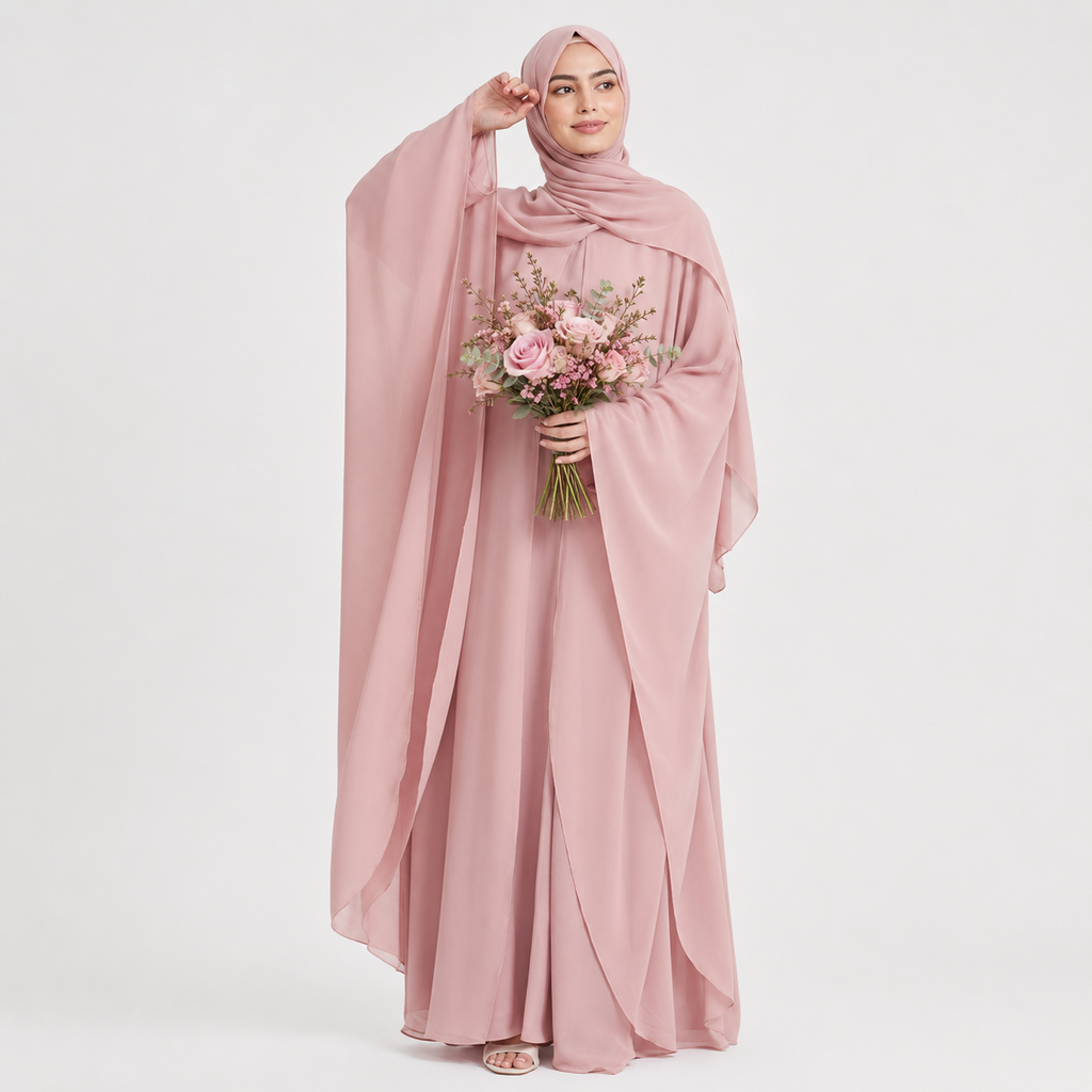 Closed Abaya with Butterfly Cut Chiffon - Baby Pink