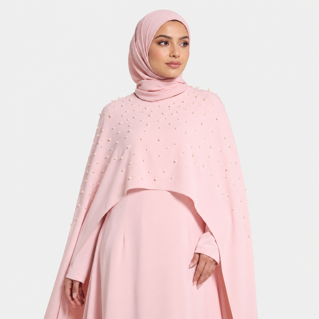 Elegant Pearl Cape Maxi Dress in Pink