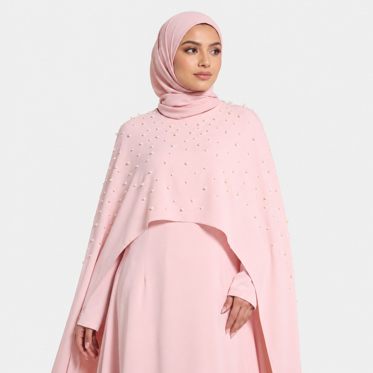 Elegant Pearl Cape Maxi Dress in Pink