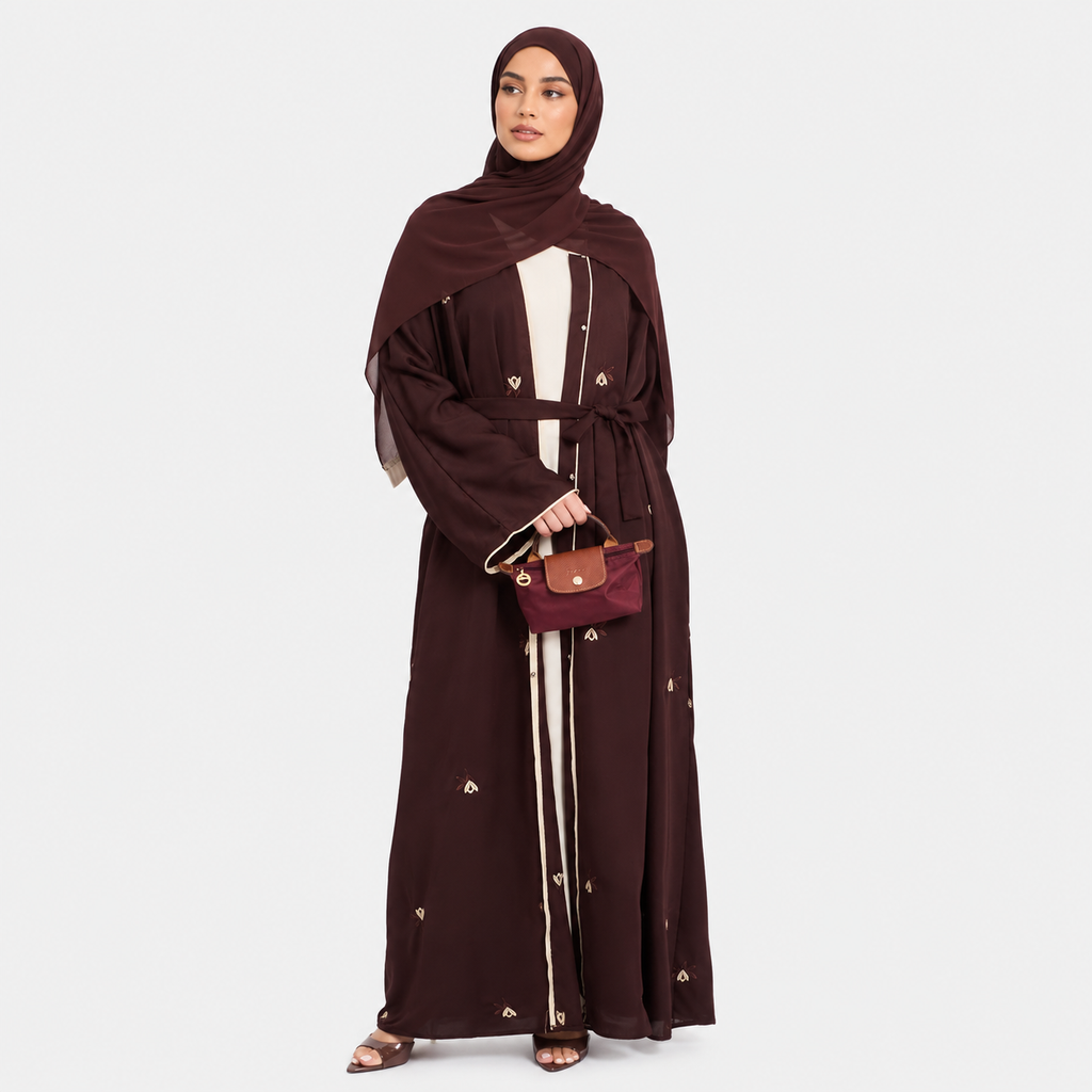 Dark Mocha Floral Embroidered Open Abaya
