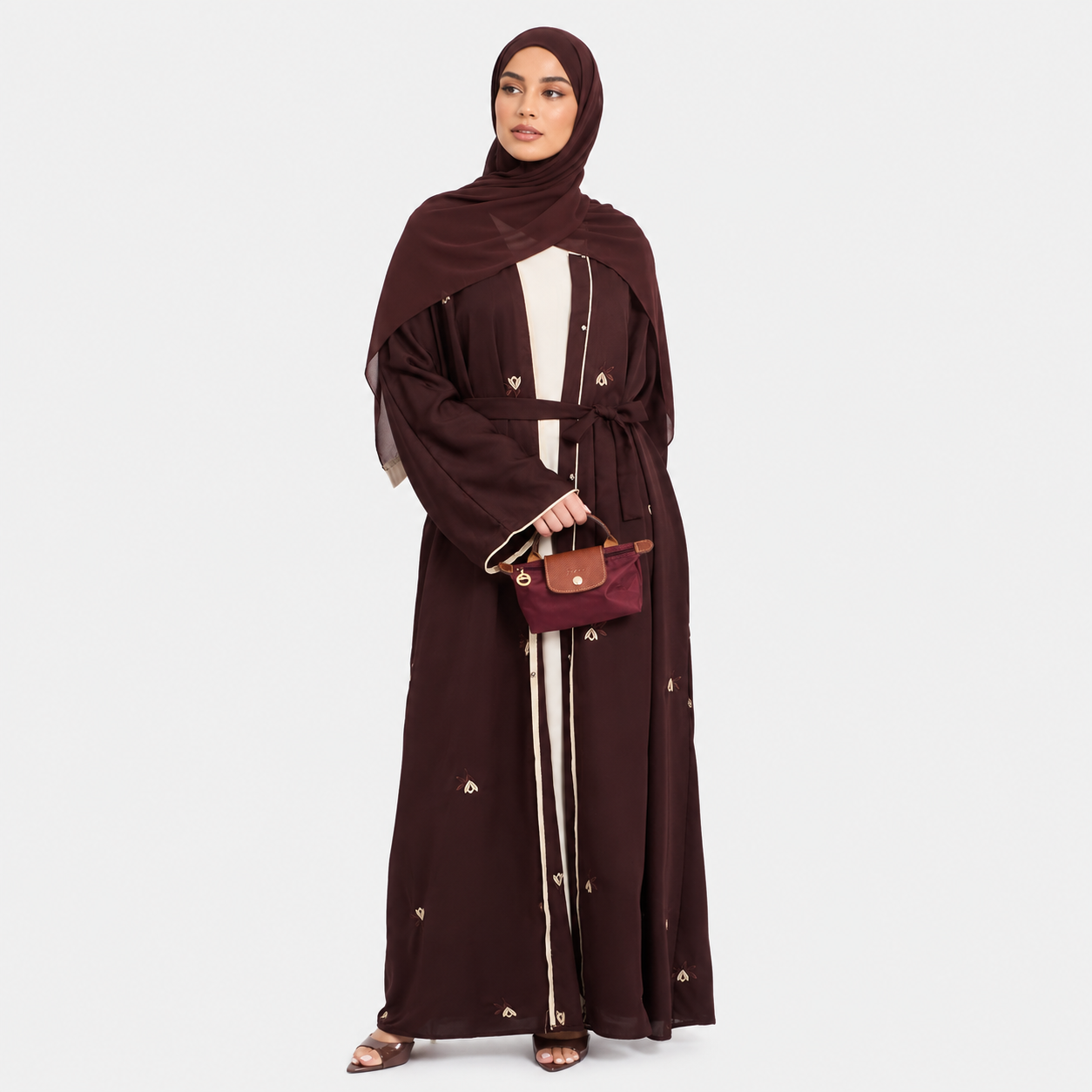 Dark Mocha Floral Embroidered Open Abaya