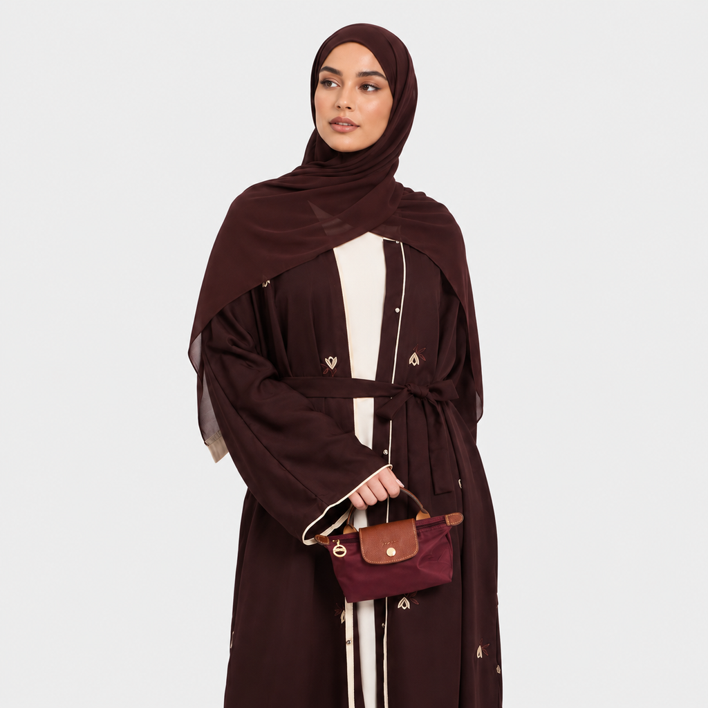Dark Mocha Floral Embroidered Open Abaya