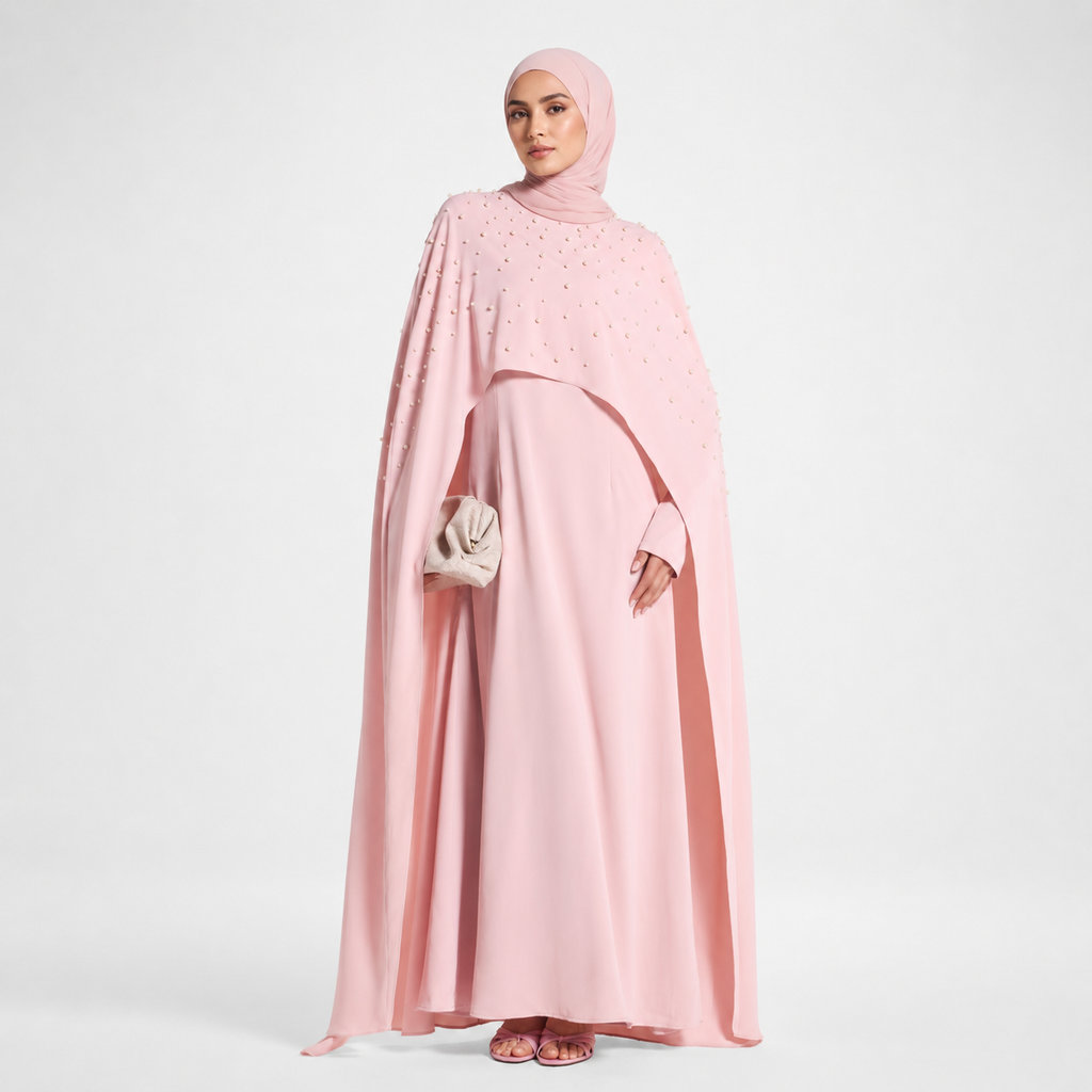 Elegant Pearl Cape Maxi Dress in Pink
