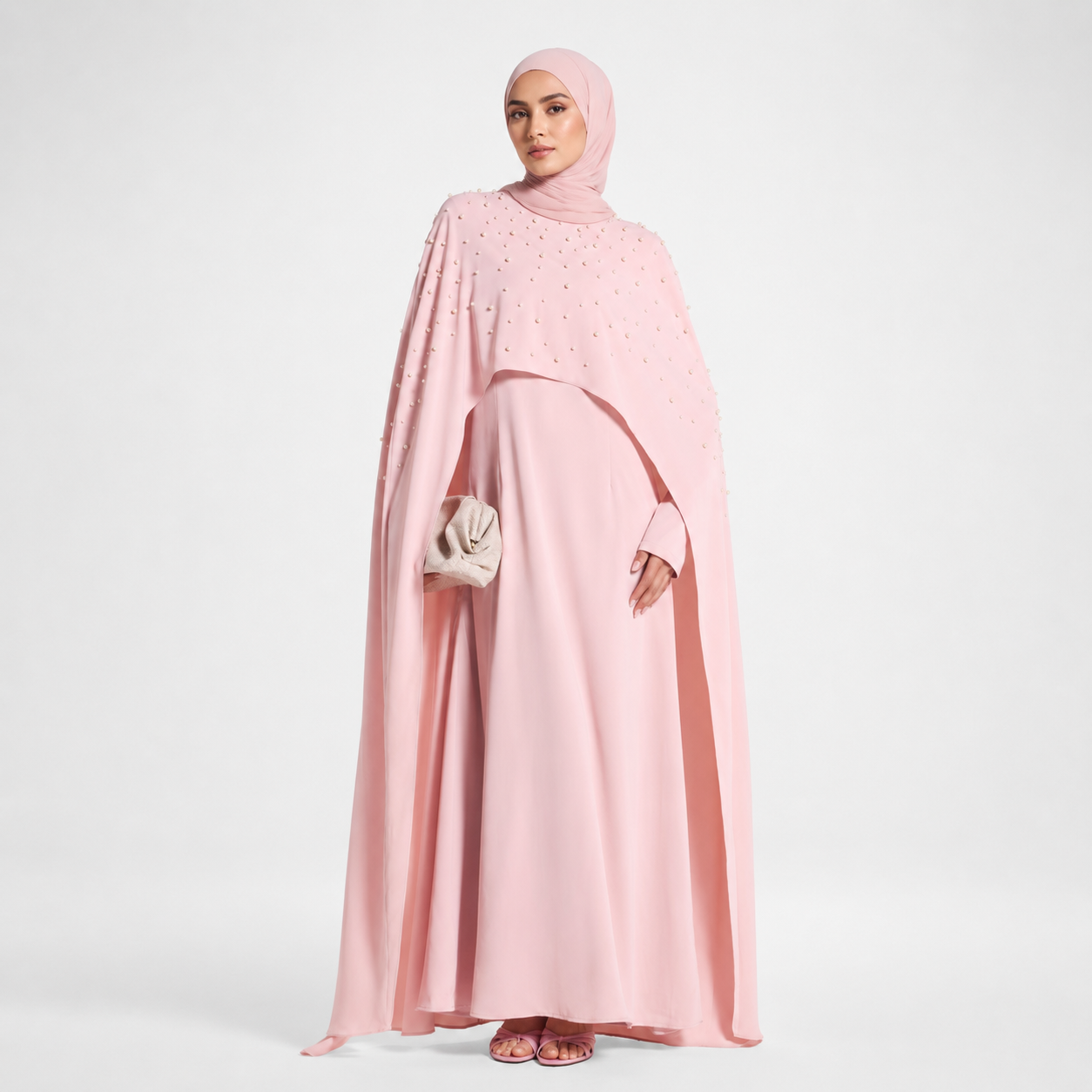 Elegant Pearl Cape Maxi Dress in Pink