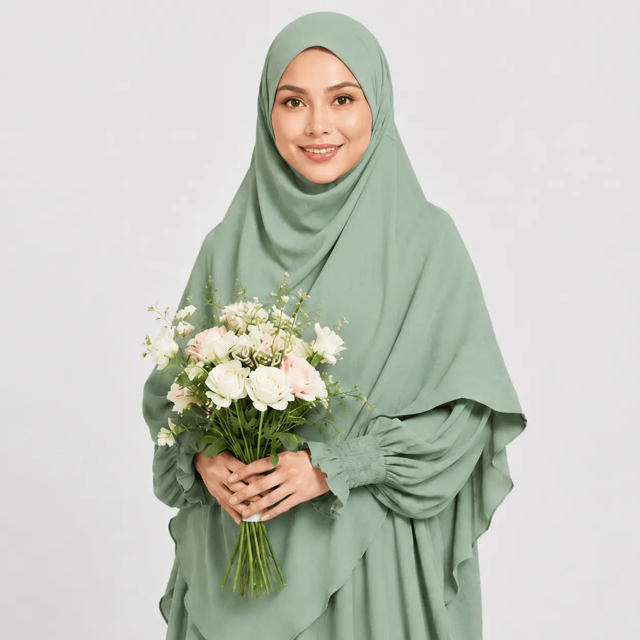 Woman wearing a green hijab and holding a bouquet of flowers against a white background