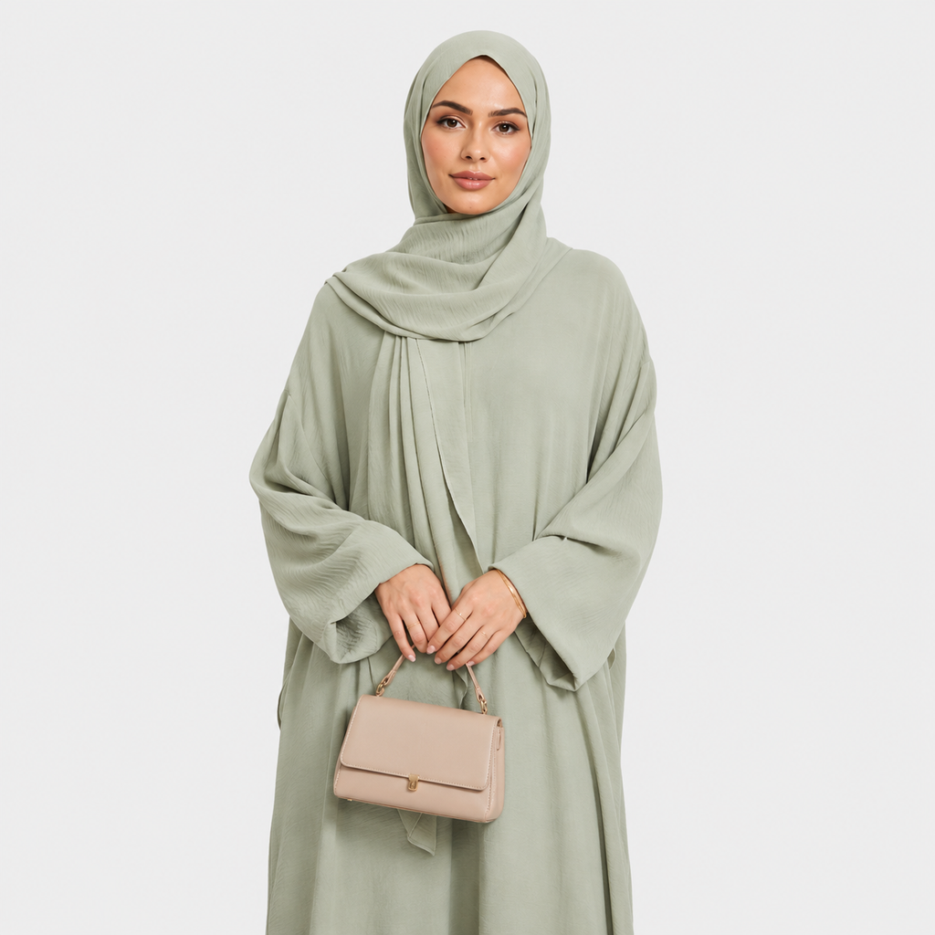 Closed Front Zip Abaya with Hijab – Pistachio Green