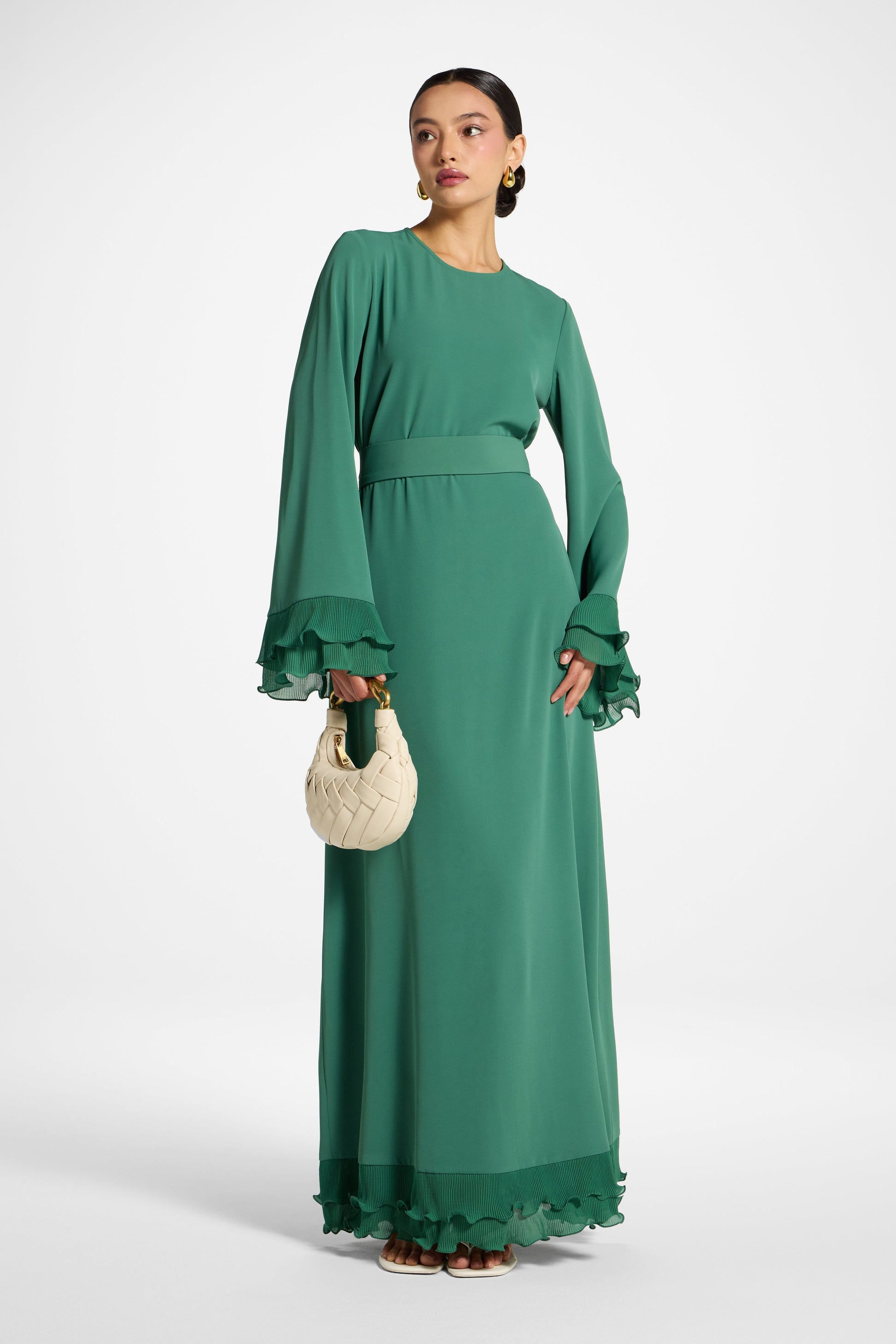 Sage Mist Plissé Sleeve Modest Maxi Dress