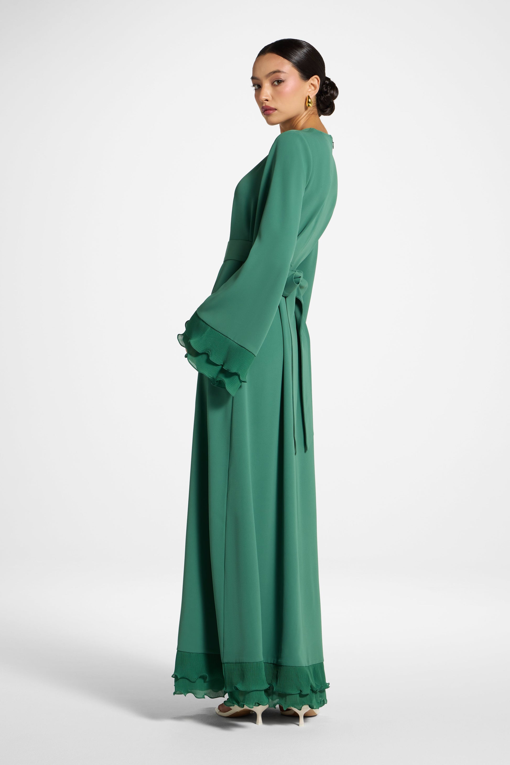 Sage Mist Plissé Sleeve Modest Maxi Dress