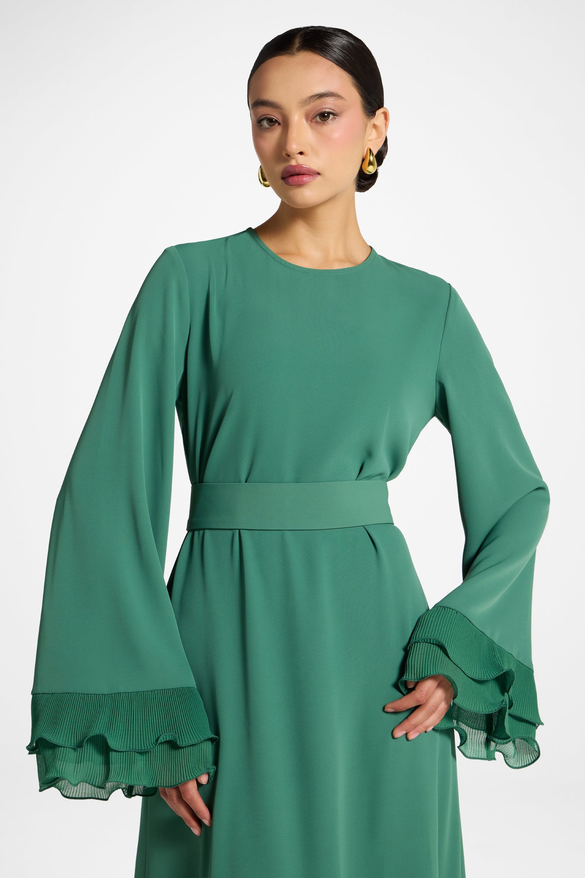 Sage Mist Plissé Sleeve Modest Maxi Dress