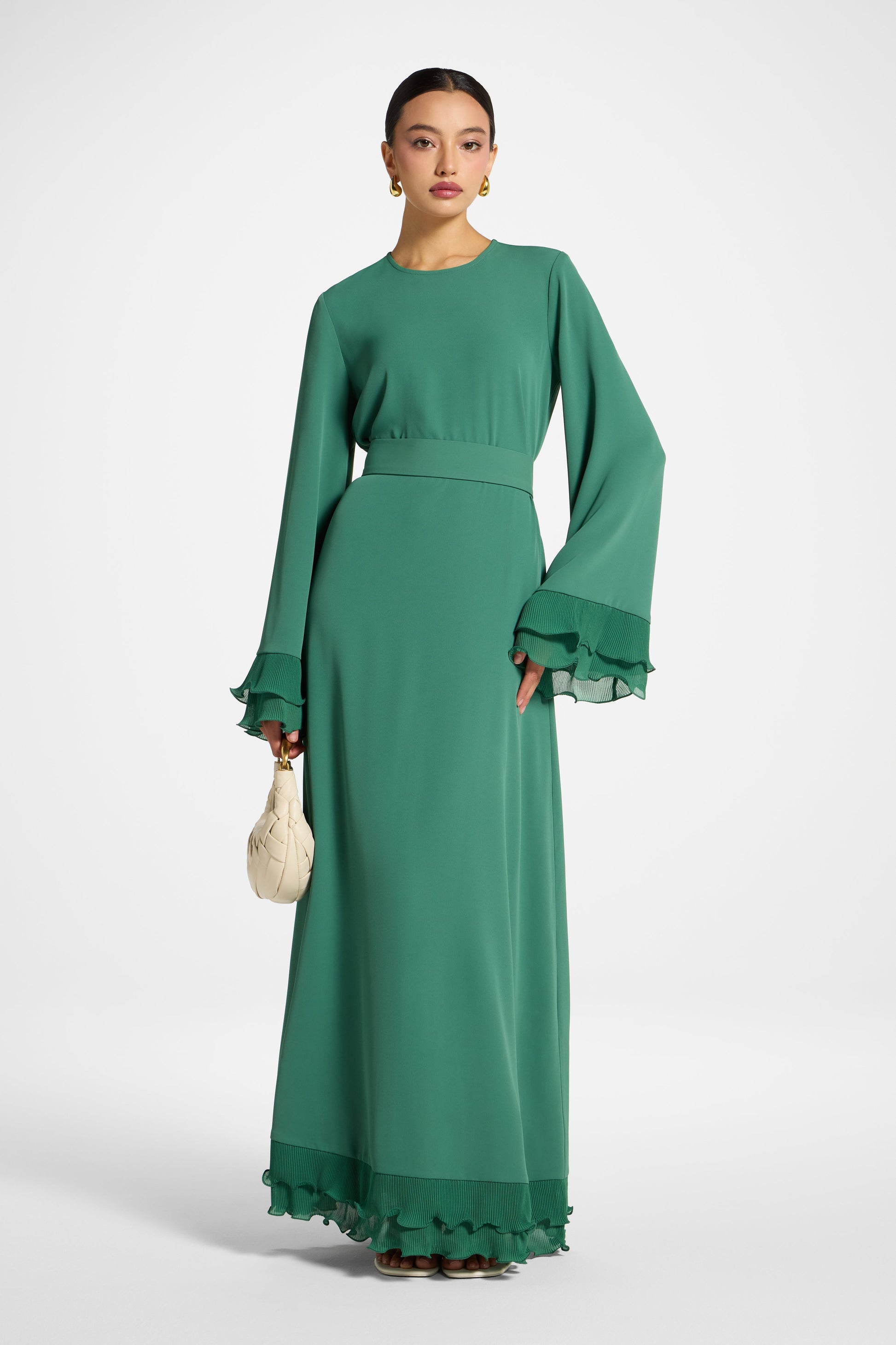 Sage Mist Plissé Sleeve Modest Maxi Dress